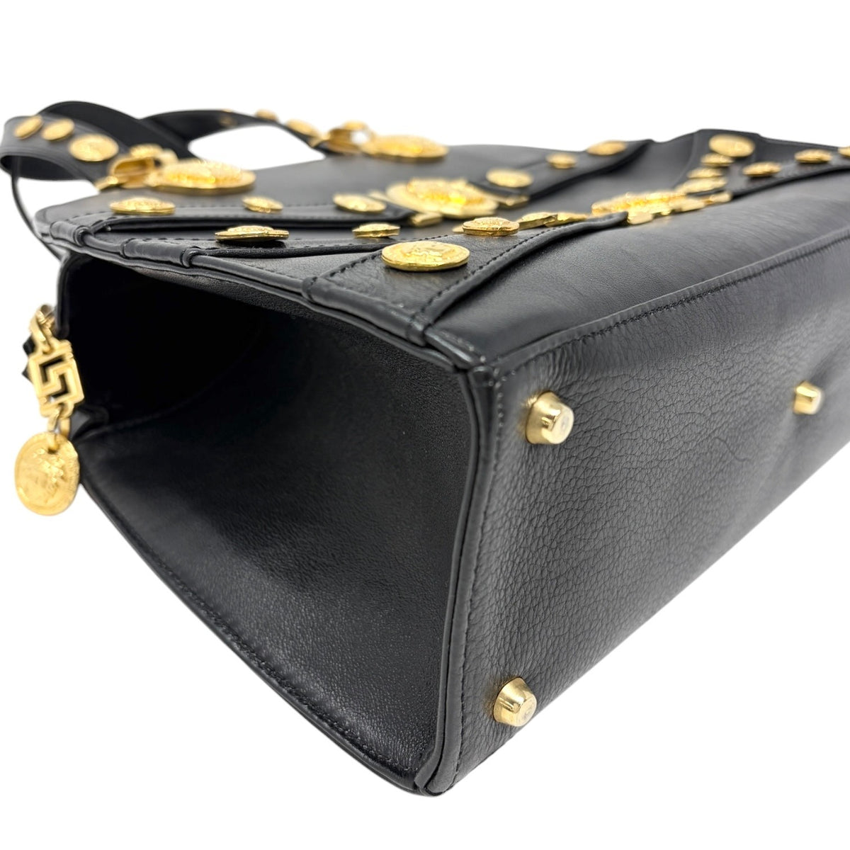 GIANNI VERSACE Vintage Medusa Logo Top Handle Bag Black Gold Leather Zip 902957
