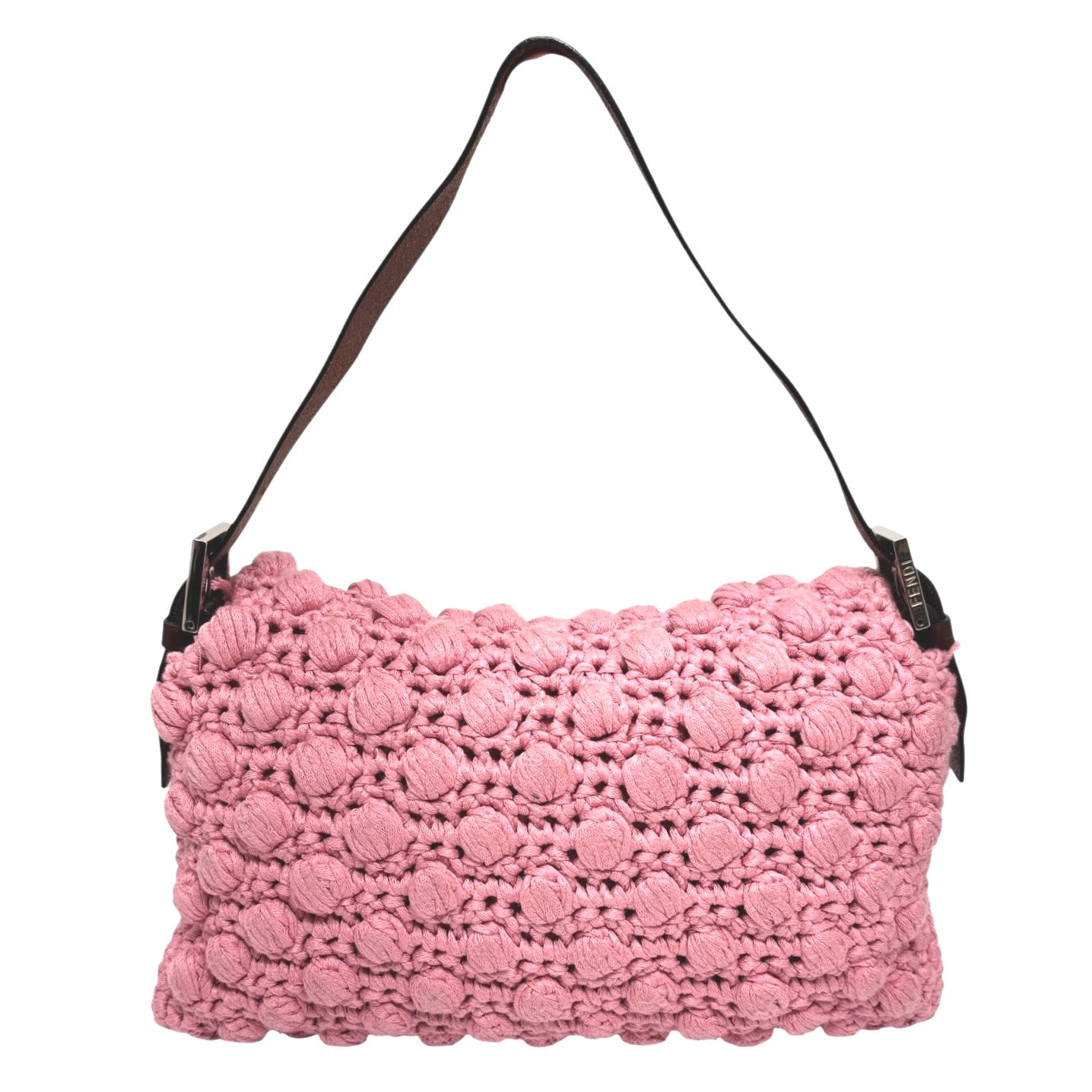 FENDI Vintage FF Logo Crochet Mamma Baguette Shoulder Bag Knit Pink Brown Wool