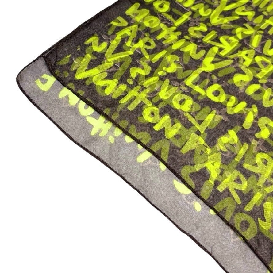 LOUIS VUITTON Vintage LV Monogram Logo Graffiti Scarf Green Brown Silk