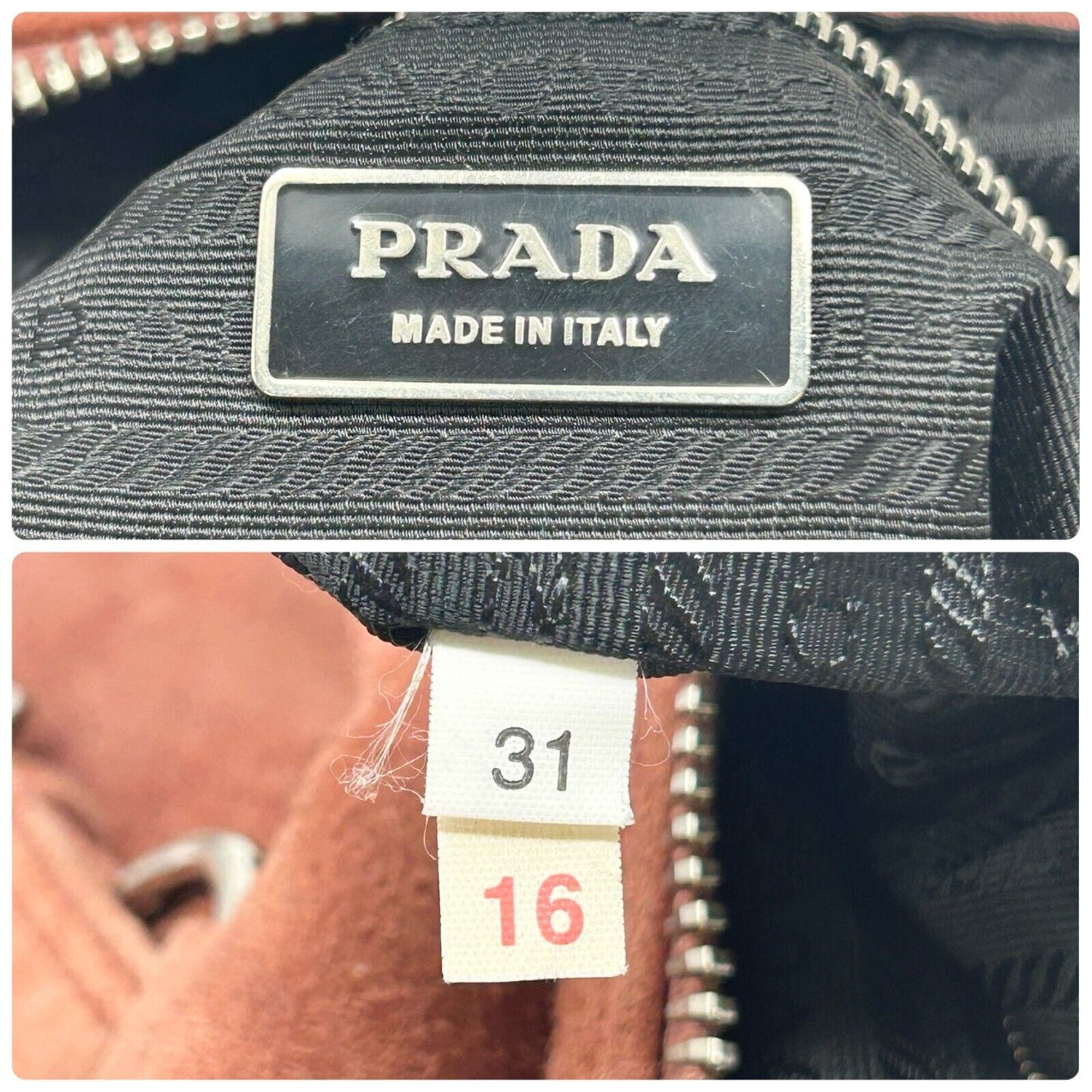 PRADA Vintage Logo Shoulder Bag Tote Red Brown Silver Handbag Suede Zip