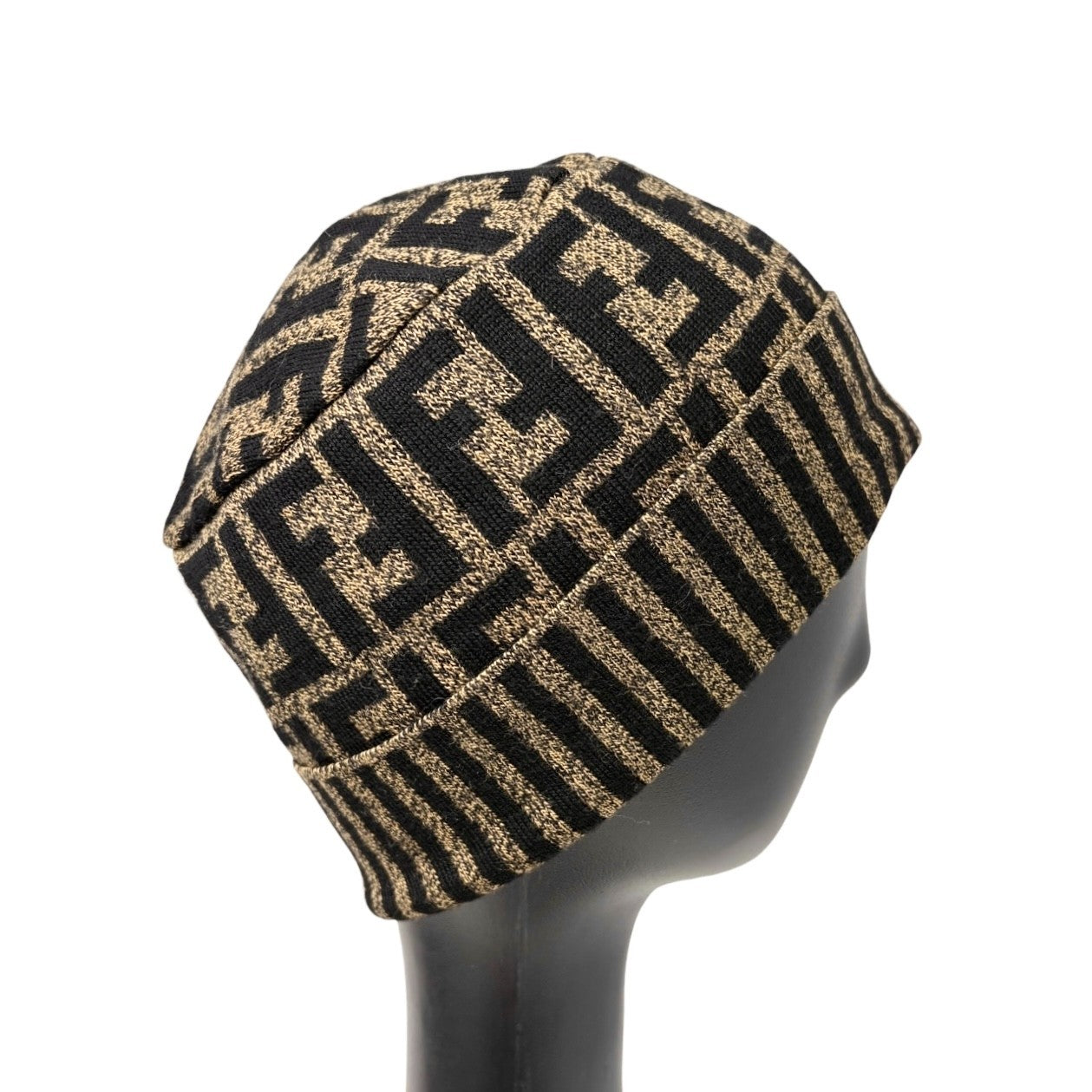 FENDI Vintage Zucca Knit Beanie Cap Stripe Brown Black FF Logo Monogram Wool