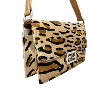 FENDI Vintage Mamma Baguette Shoulder Bag Brown Silver Leopard Calf Hair Rank AB