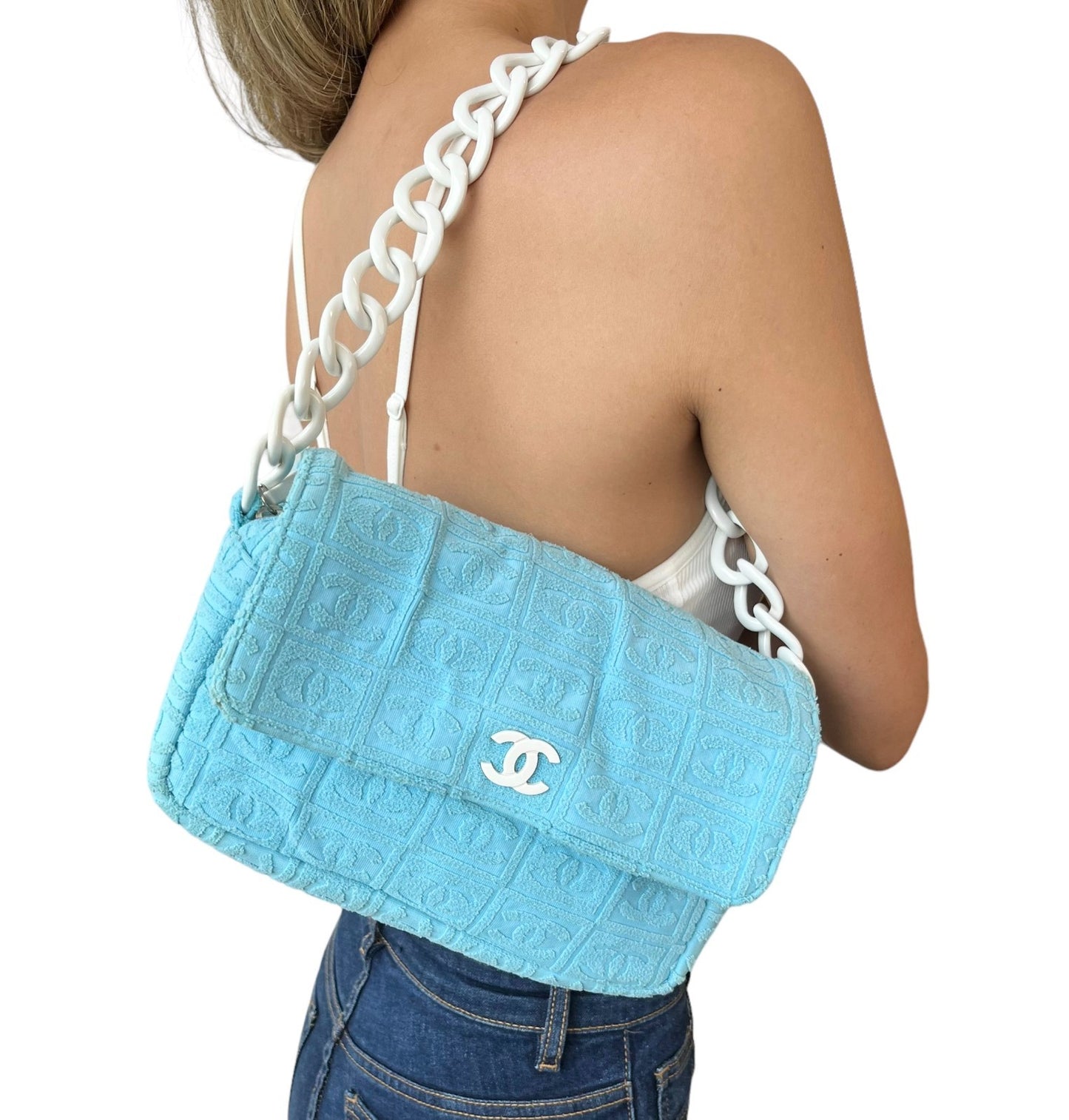 CHANEL Vintage CC Logo Terry Cloth Chain Shoulder Bag Blue White 901828