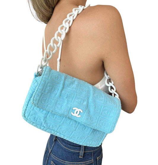 CHANEL Vintage CC Logo Terry Cloth Chain Shoulder Bag Blue White 901828