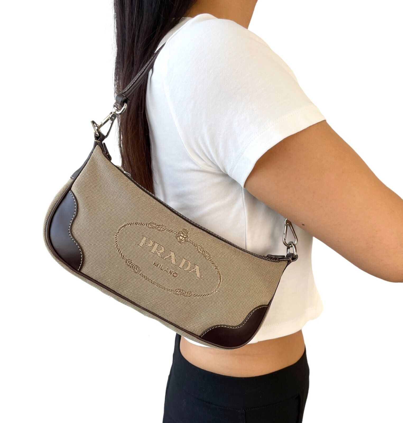 PRADA Vintage Logo Jacquard Pochette Shoulder Bag Beige Brown Cotton Zip