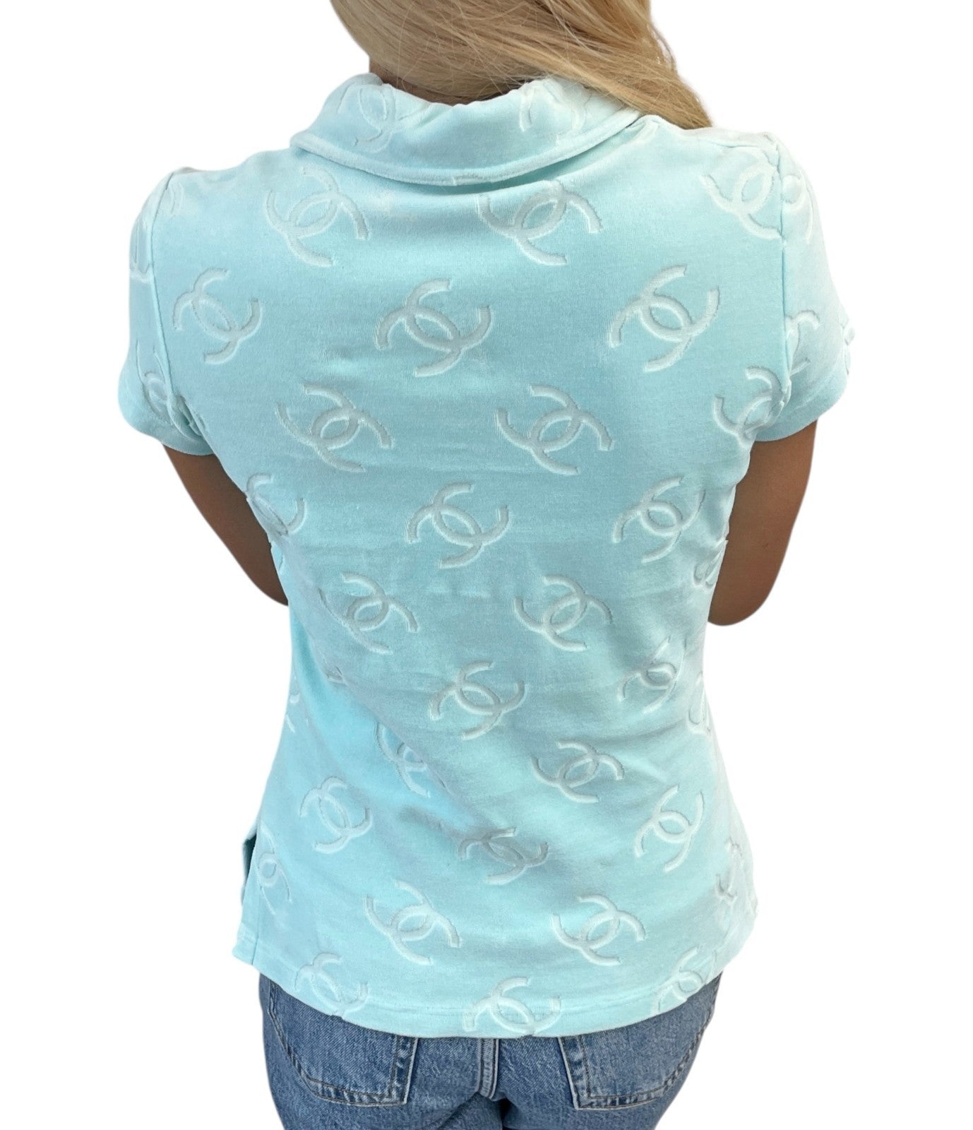 CHANEL Vintage 96A CC Logo Snap Button Velour Shirt Top #38 Light Blue