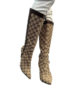 GUCCI Vintage GG Monogram Long Boots #36-37 Heels Zip Beige Brown Canvas