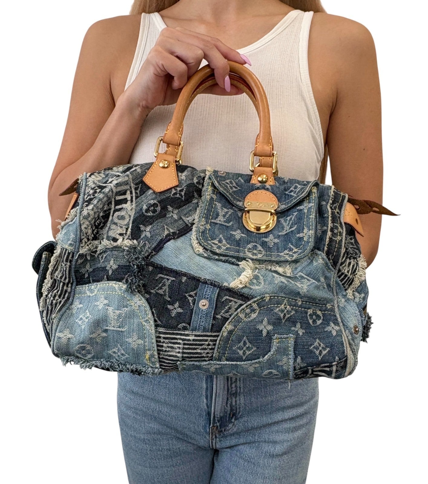LOUIS VUITTON Vintage Monogram Patchwork Denim Speedy 30 Boston Bag Blue Brown