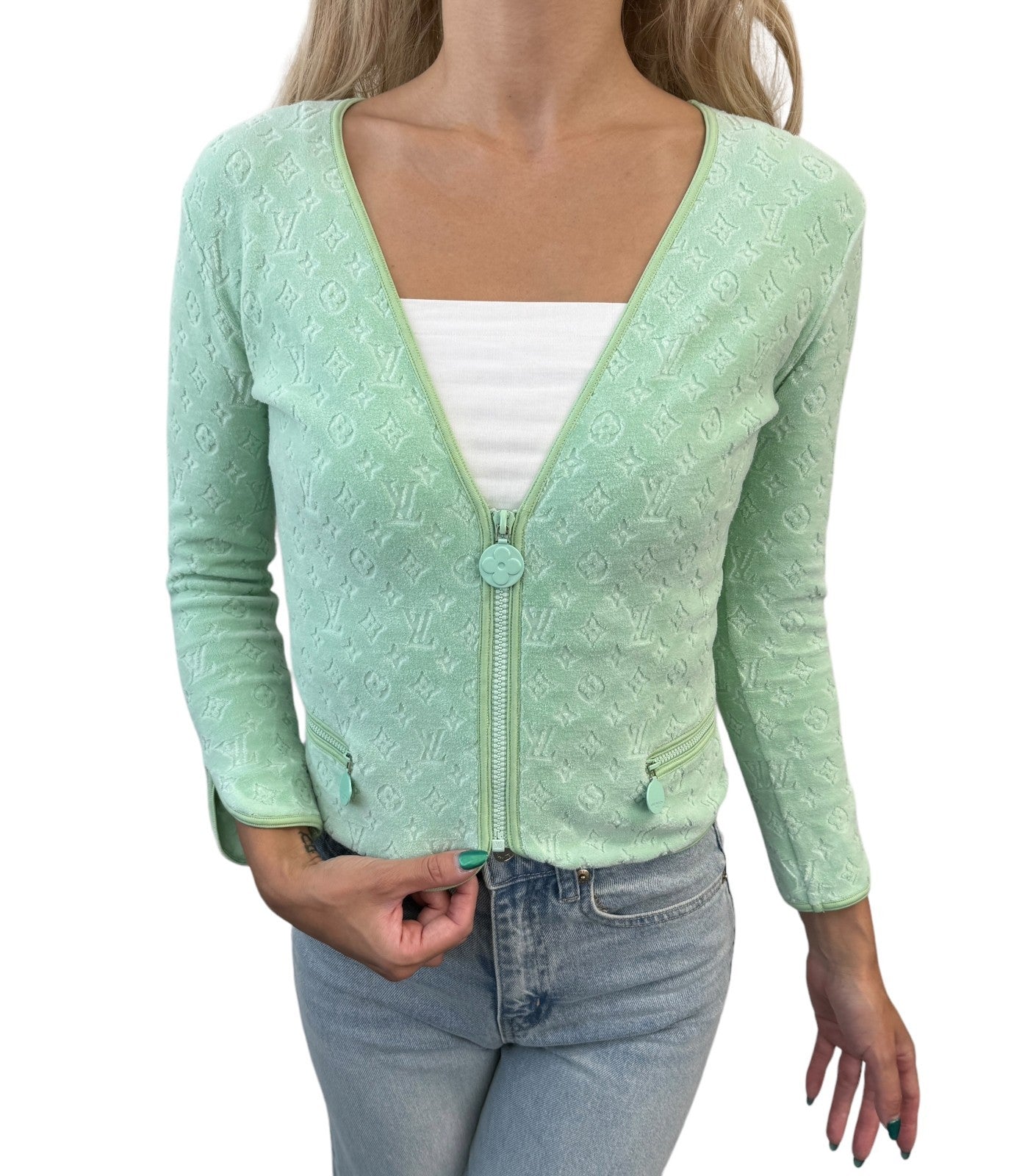 LOUIS VUITTON Vintage LV Monogram Zipped Jacket #40 Light Green Cotton Velour