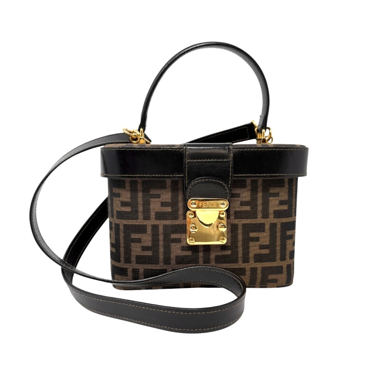 FENDI Vintage FF Zucca Vanity Bag 2way Handbag Crossbody Brown Canvas Leather