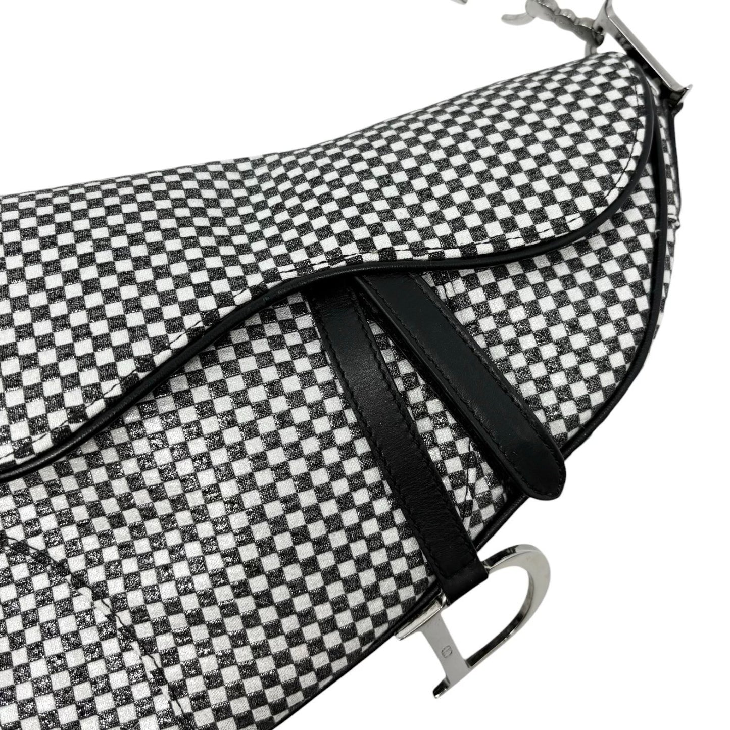 Christian Dior Vintage 2002 Checkered Glitter Saddle Bag Black Silver Cotton