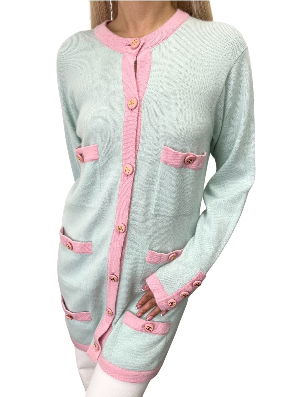 CHANEL Vintage CC Logo Cashmere Knit Long Cardigan Top Blue Pink 902470
