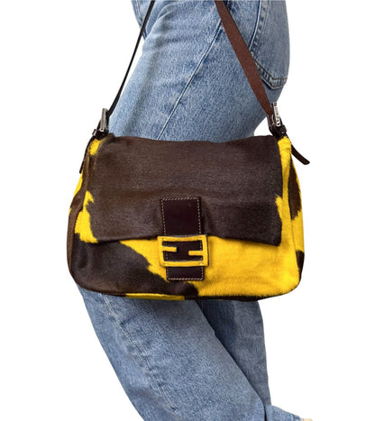 FENDI Vintage FF Mamma Baguette Cow Pony Calf Hair Bag Yellow Brown 902908