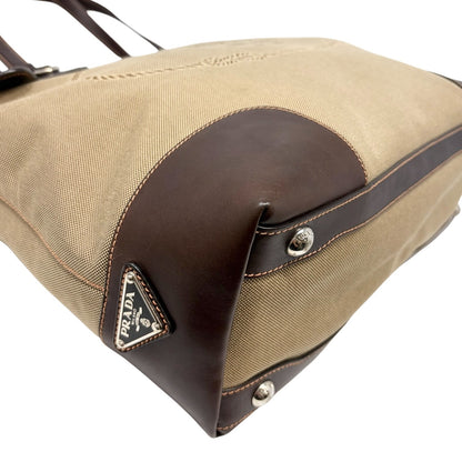 PRADA Vintage Jacquard Logo Tote Bag Brown Silver Canvas Leather 902047