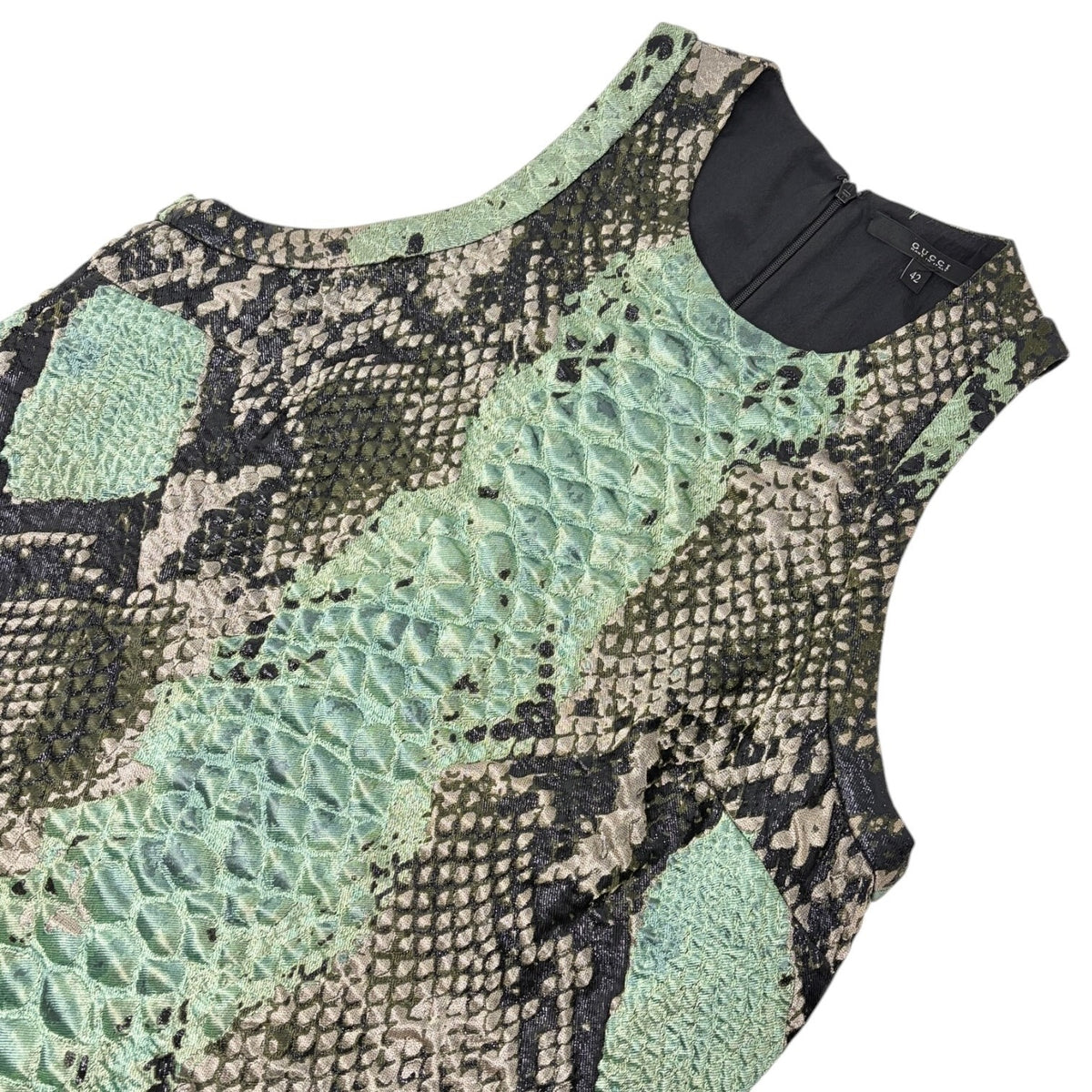 GUCCI Vintage Python Print Textured Dress Sleeveless #42 Green Black 902916