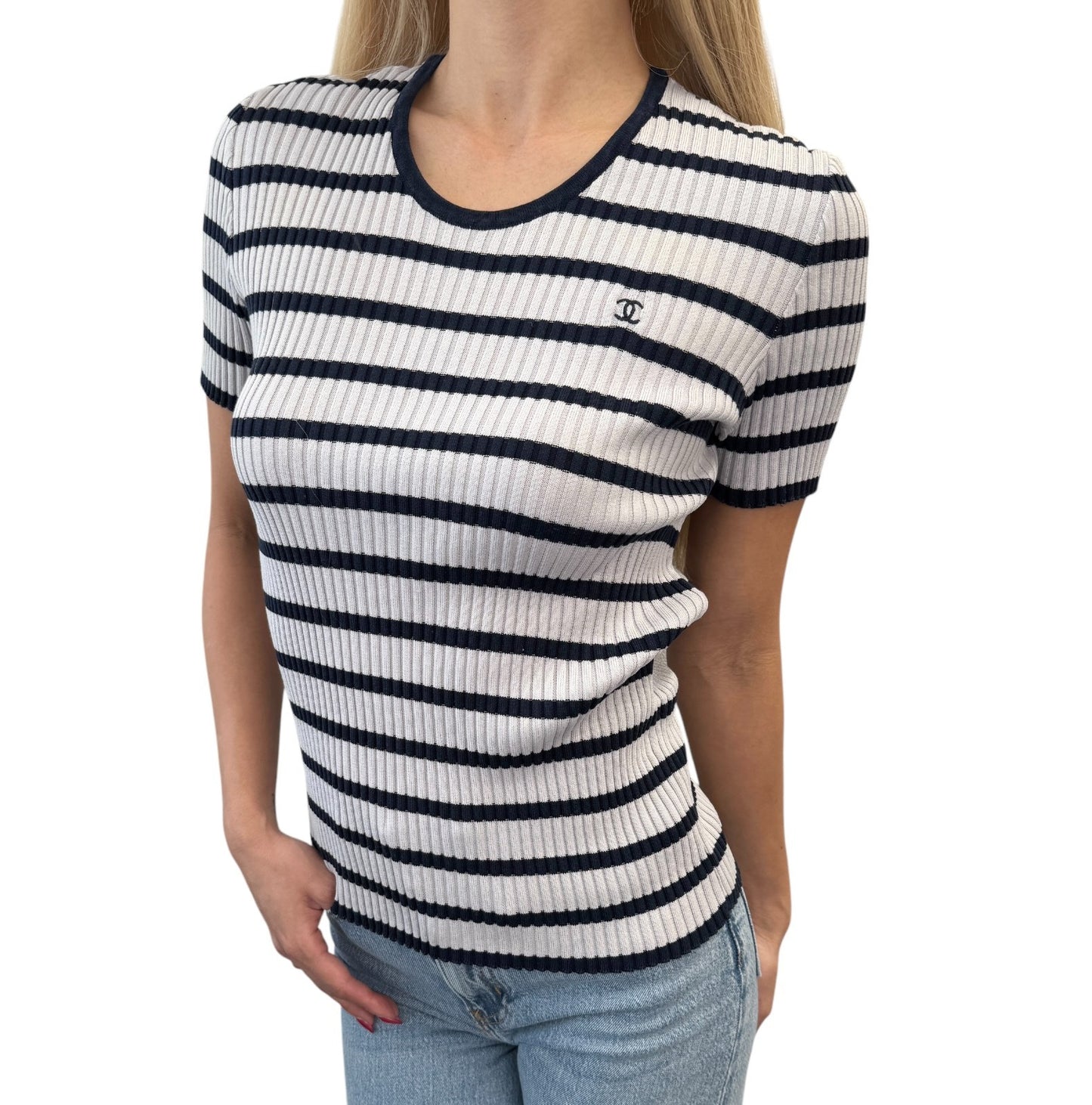 CHANEL Vintage 98P CC Logo Stripe Rib Knit T-shirt Top #40 Blue Cotton 902587