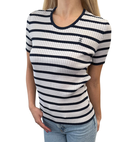 CHANEL Vintage 98P CC Logo Stripe Rib Knit T-shirt Top #40 Blue Cotton 902587