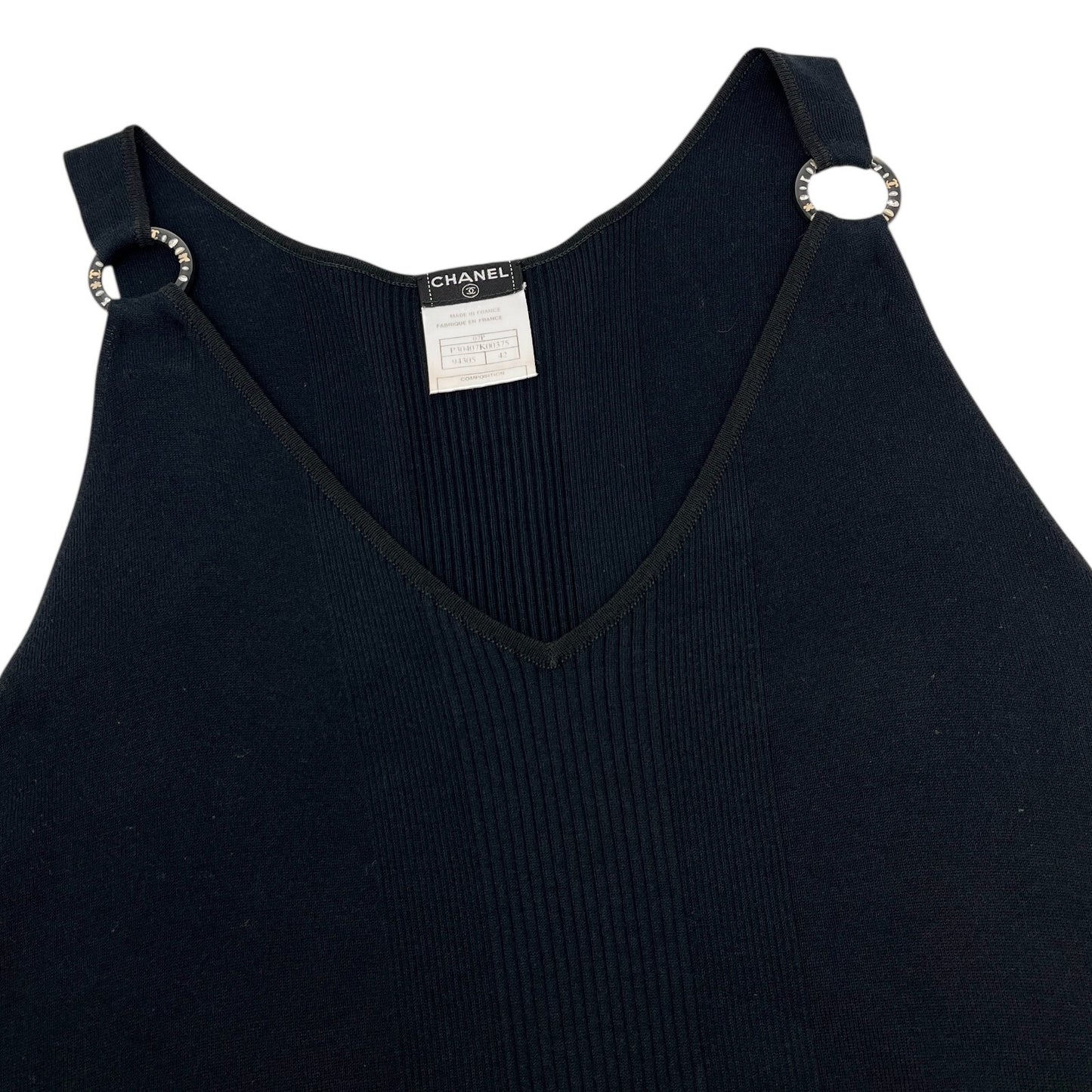 CHANEL Vintage 07P CC Mark Logo Rib Knit Tank Top #42 V-neck Black Cotton