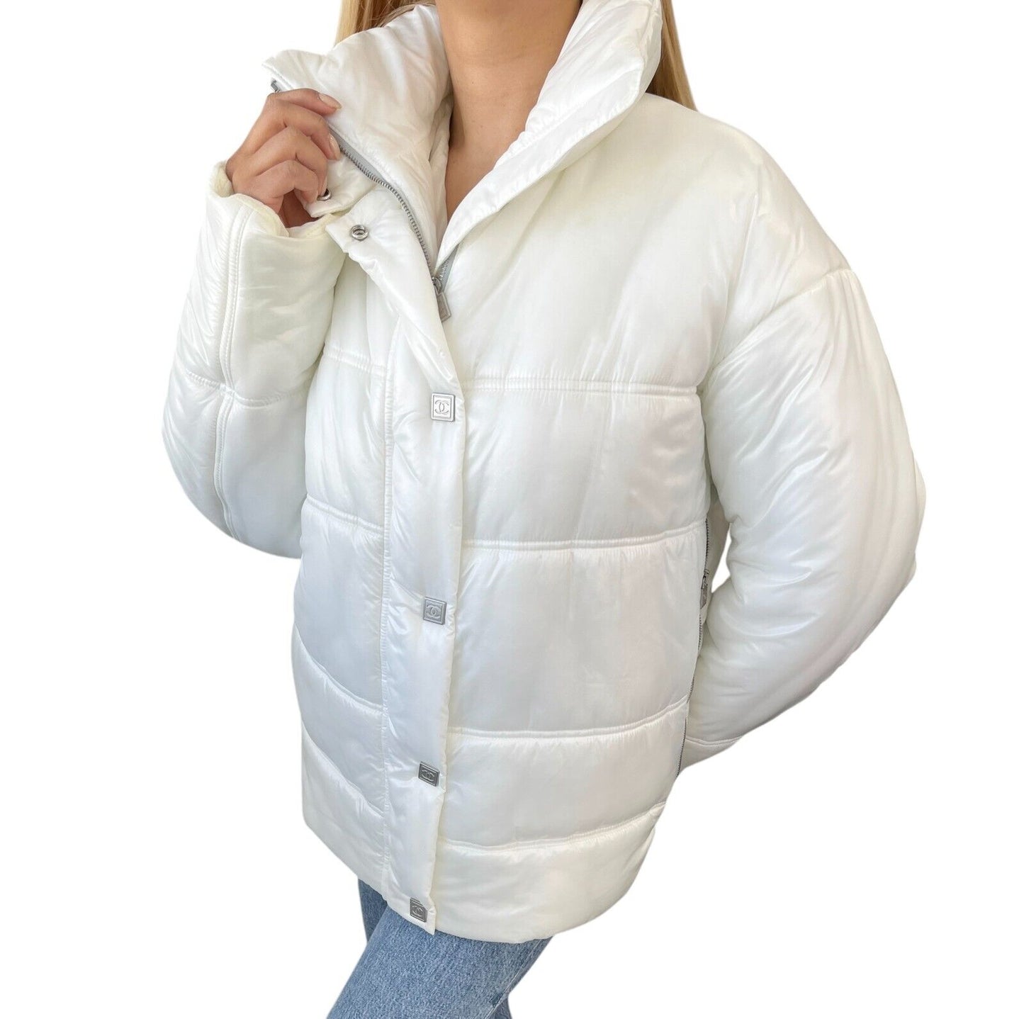 CHANEL Sport Vintage 03A CC Logo Puffer Jacket #38 Zip Button White Polyamide