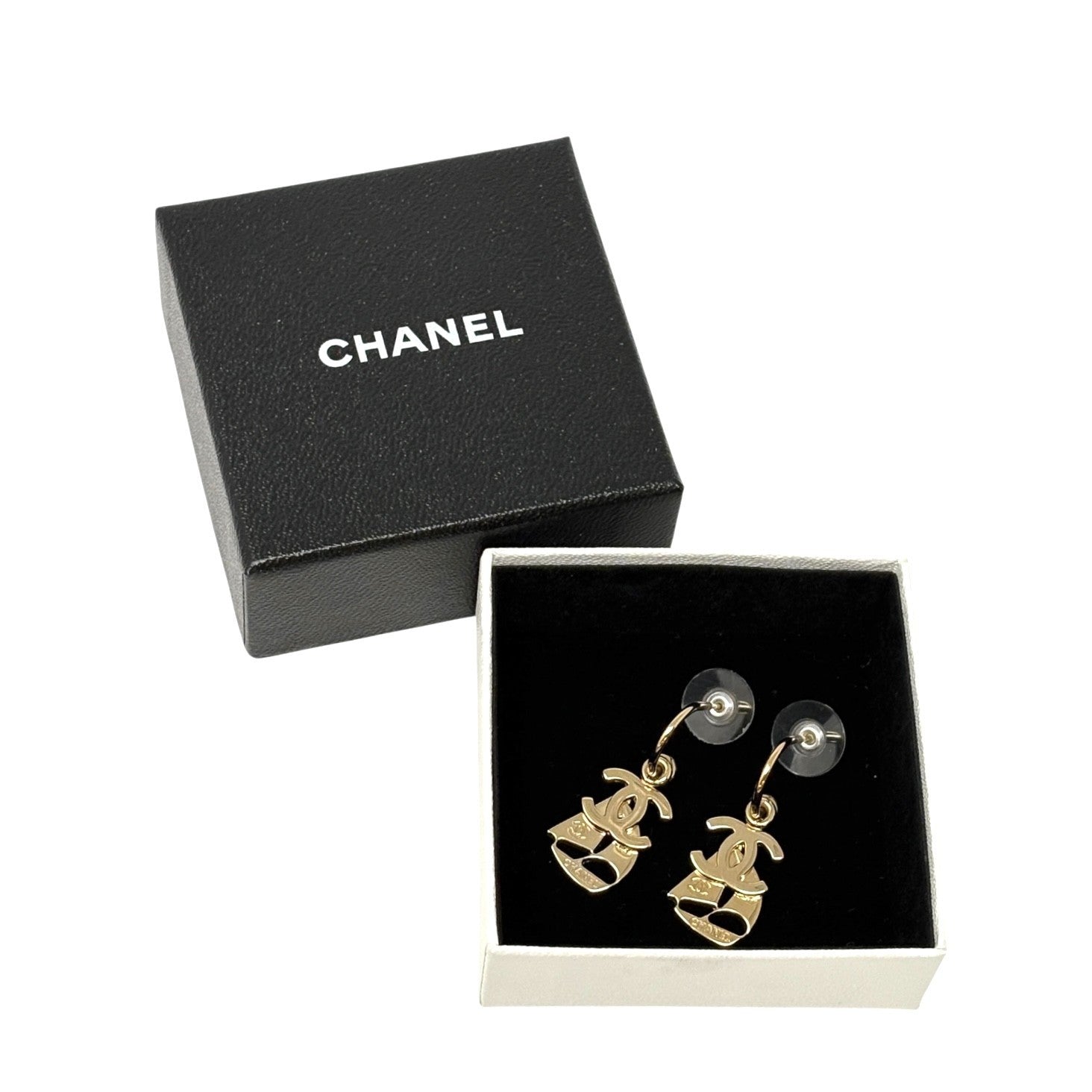 CHANEL Vintage CC Mark Logo With Yacht Charm Hoop Earrings Gold Metal Plate