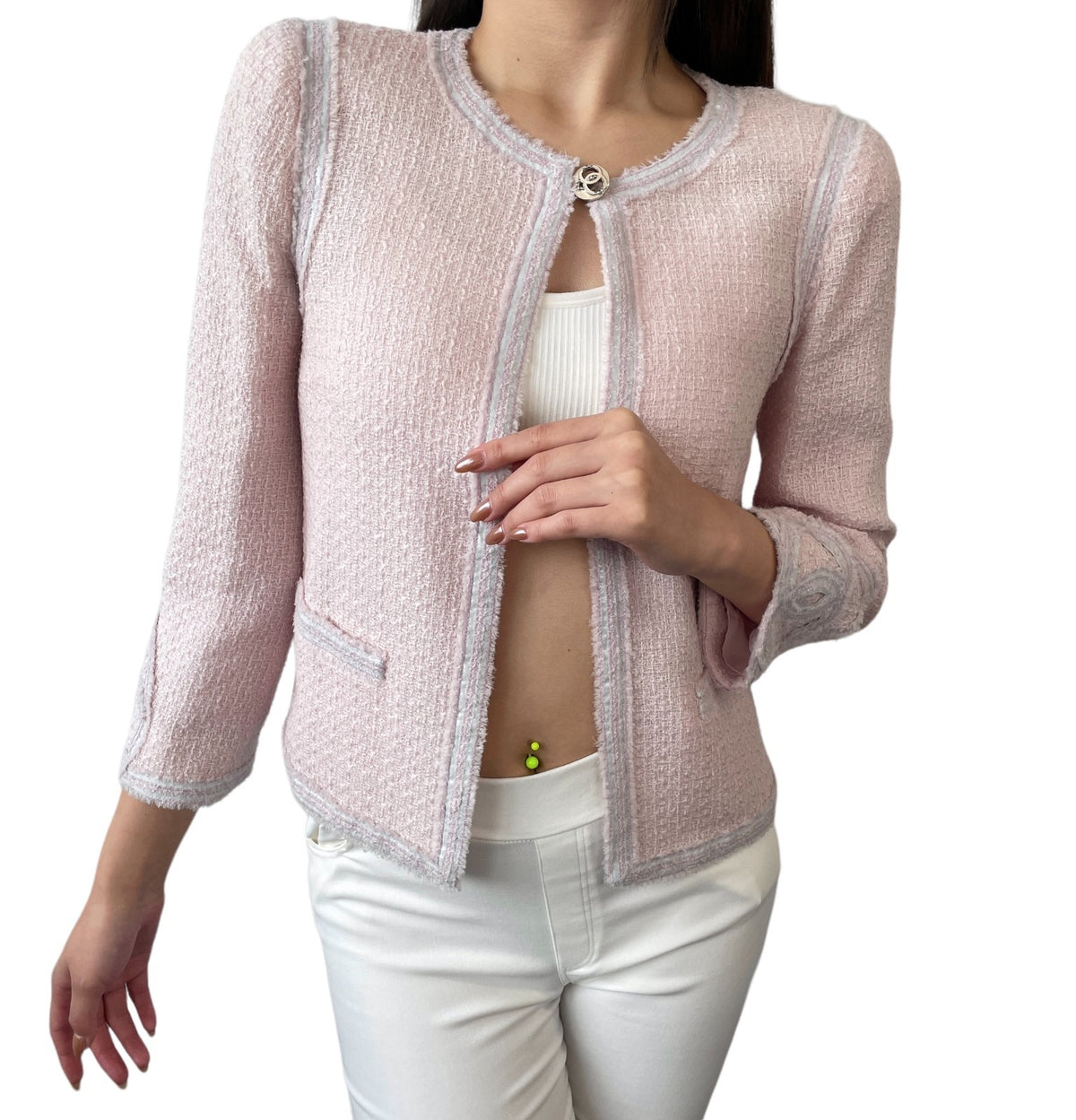 CHANEL Vintage 09C CC Heart Logo Button Tweed Jacket #40 Pink Wool 902900
