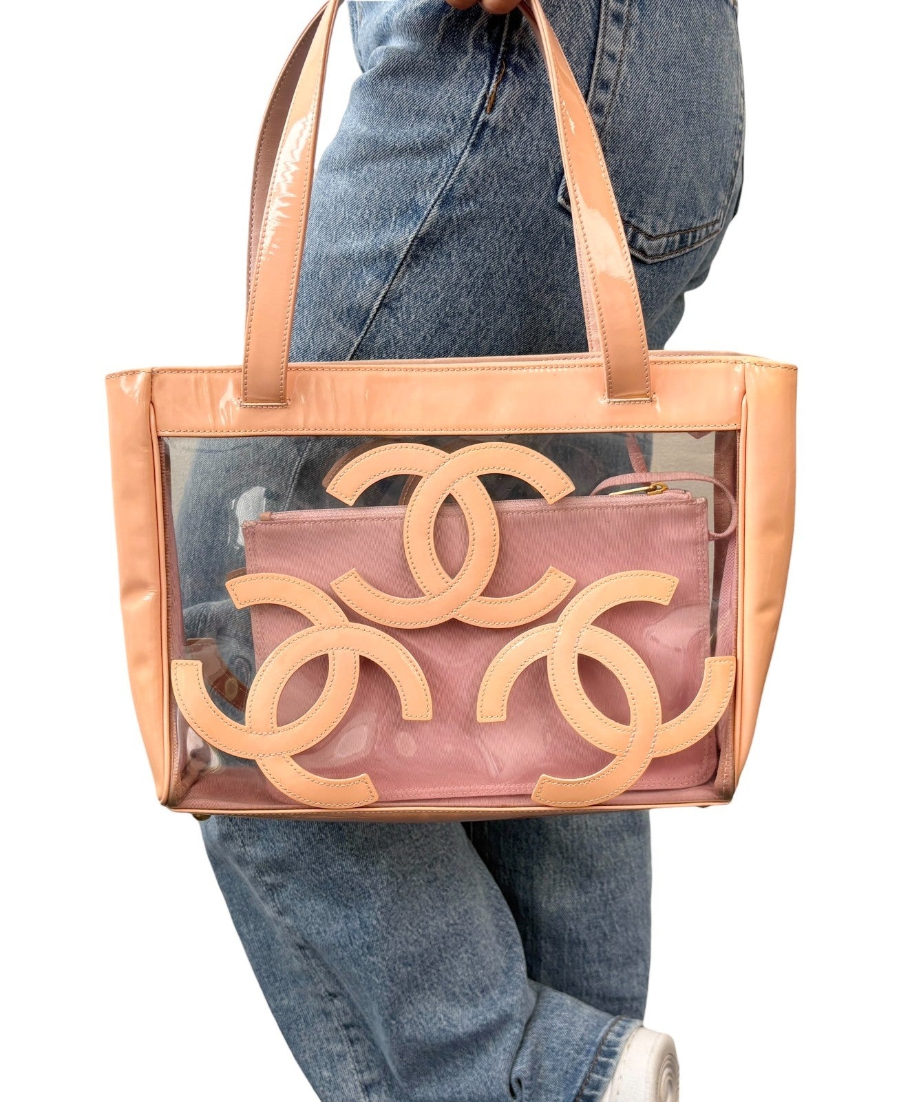 CHANEL Vintage Triple CC Logo Clear Tote Shoulder Bag Pink Beige Pouch 902078