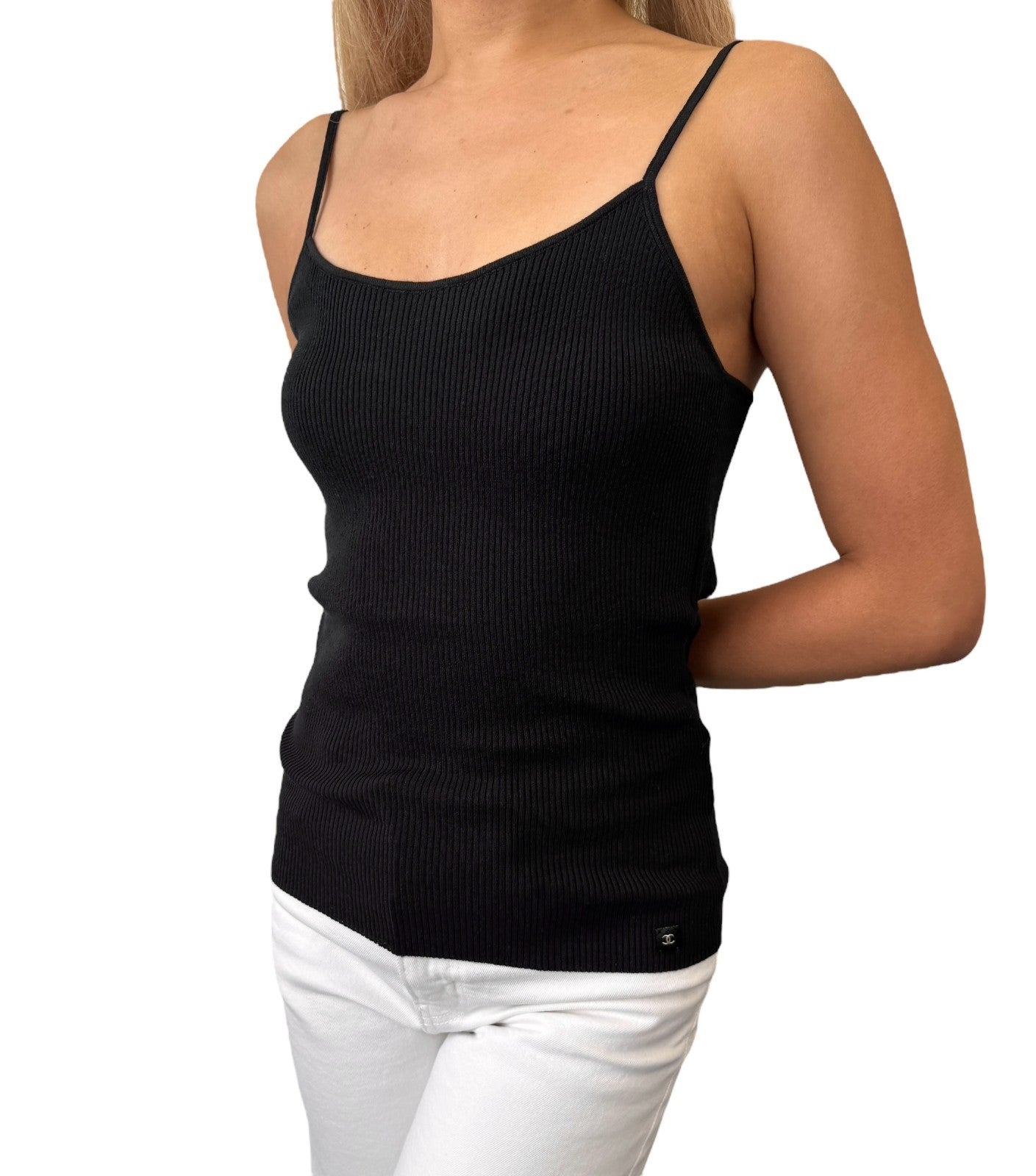 CHANEL Vintage 02C CC Logo Ribbed Camisole Top #42 Black Cotton Sleeveless