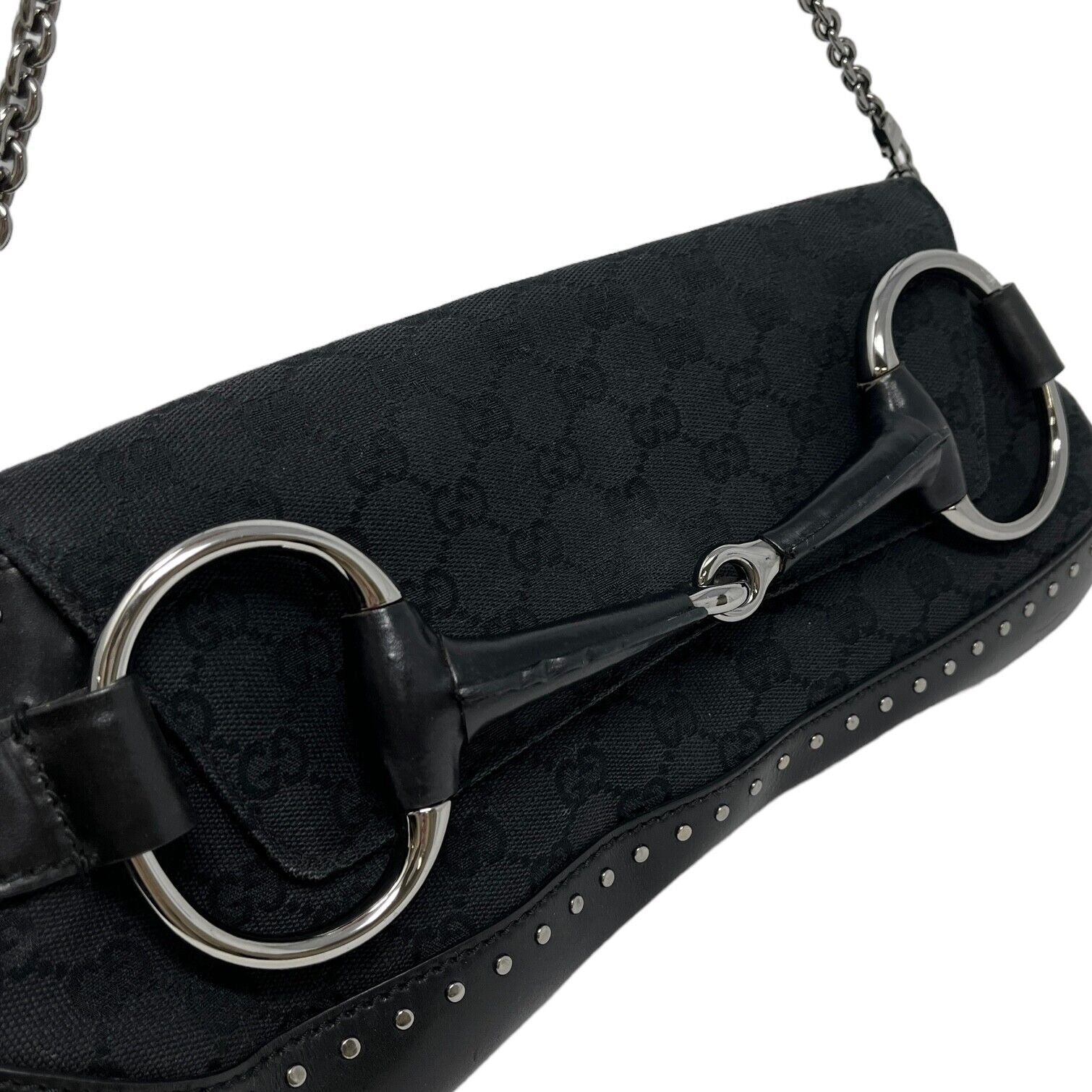 GUCCI Vintage GG Monogram Horsebit Chain Shoulder Bag Black Canvas Rank AB