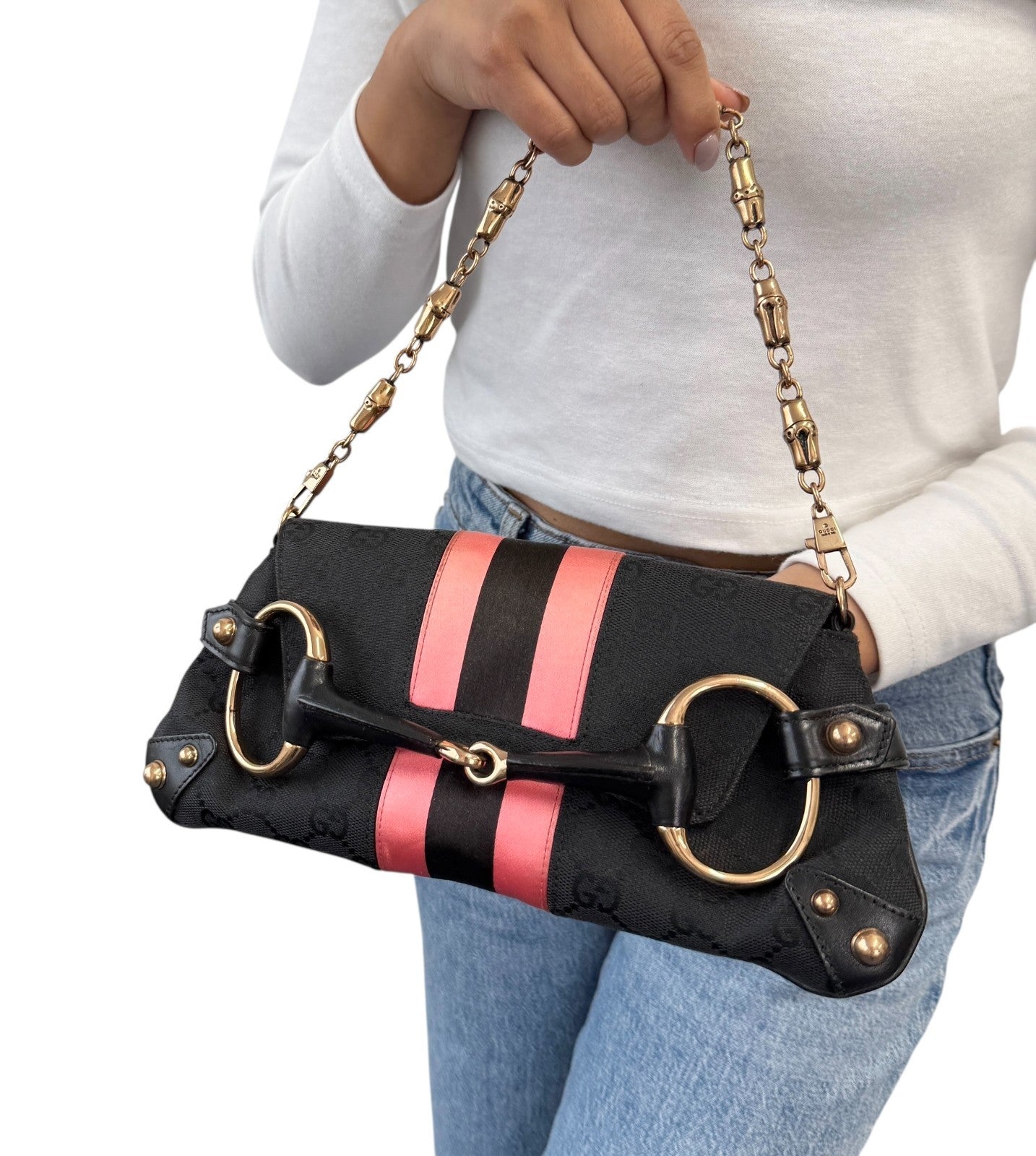 GUCCI Vintage GG Logo Monogram Horsebit Shoulder Clutch Bag Chain Black Pink