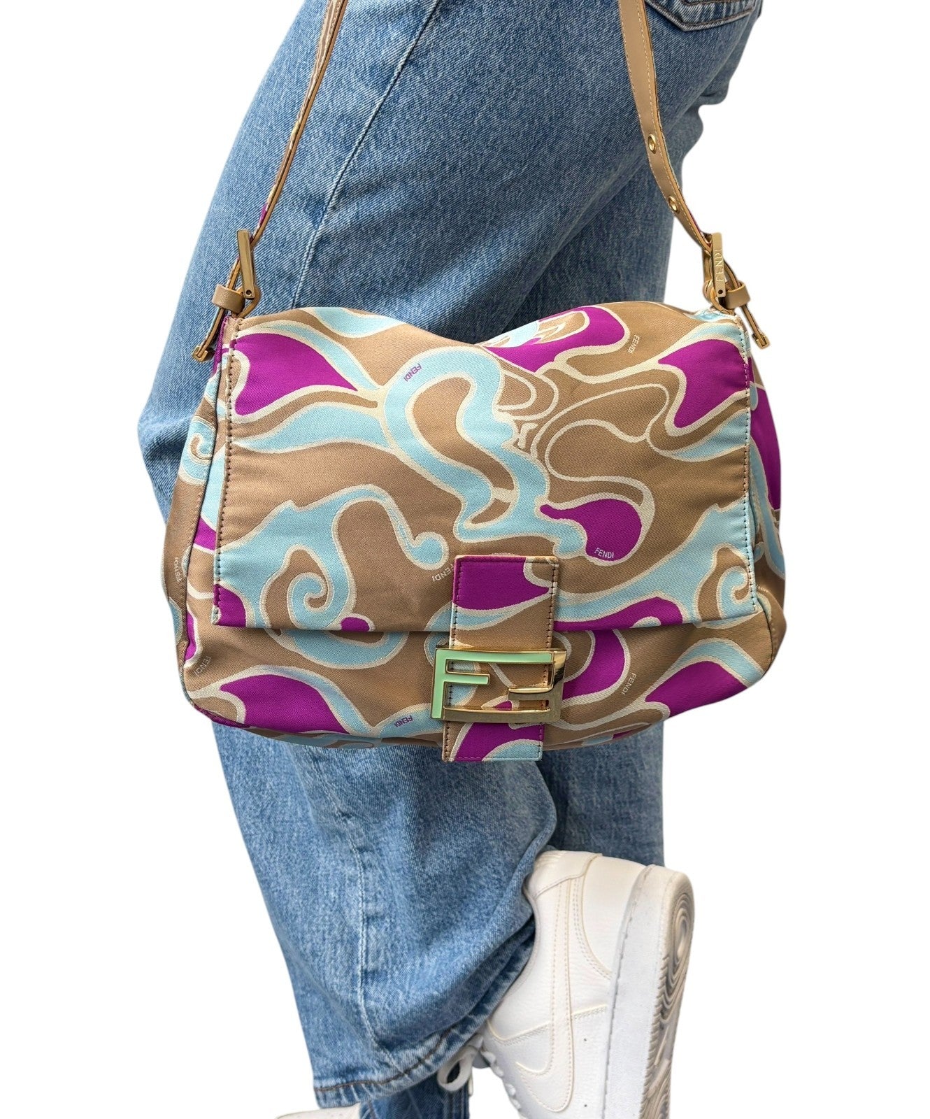 FENDI Vintage FF Logo Mamma Baguette Psychedelic Print Shoulder Bag Silk Beige