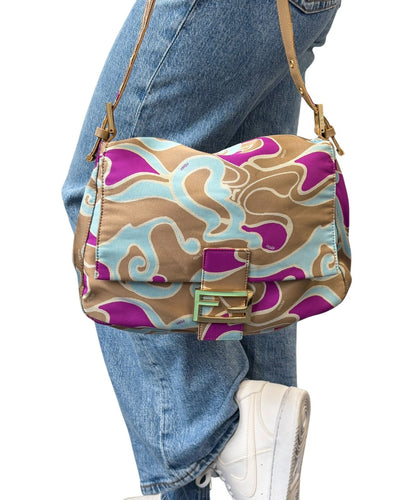 FENDI Vintage FF Logo Mamma Baguette Psychedelic Print Shoulder Bag Silk Beige