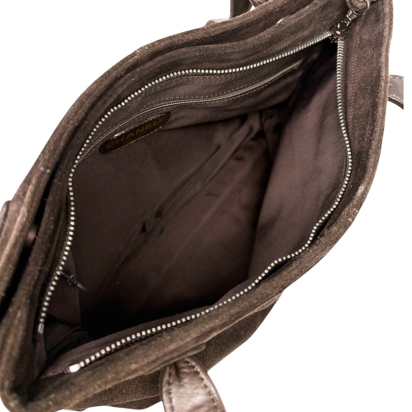 CHANEL Vintage Embroidered CC Logo Suede Tote Shoulder Bag Dark Brown Stitch