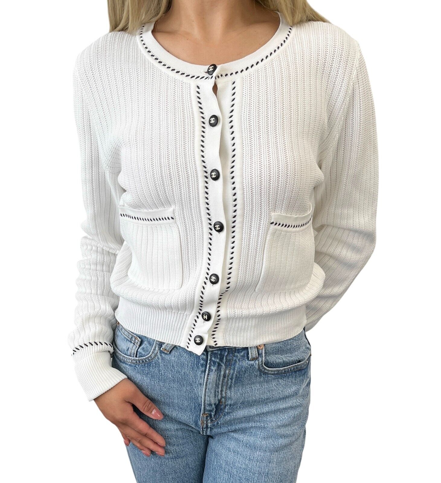 CHANEL Vintage 96P CC Logo Rib Knit Cardigan #38 Top Stitch White Black Cotton
