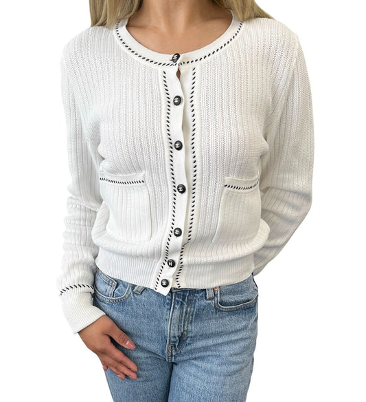 CHANEL Vintage 96P CC Logo Rib Knit Cardigan #38 Top Stitch White Black Cotton