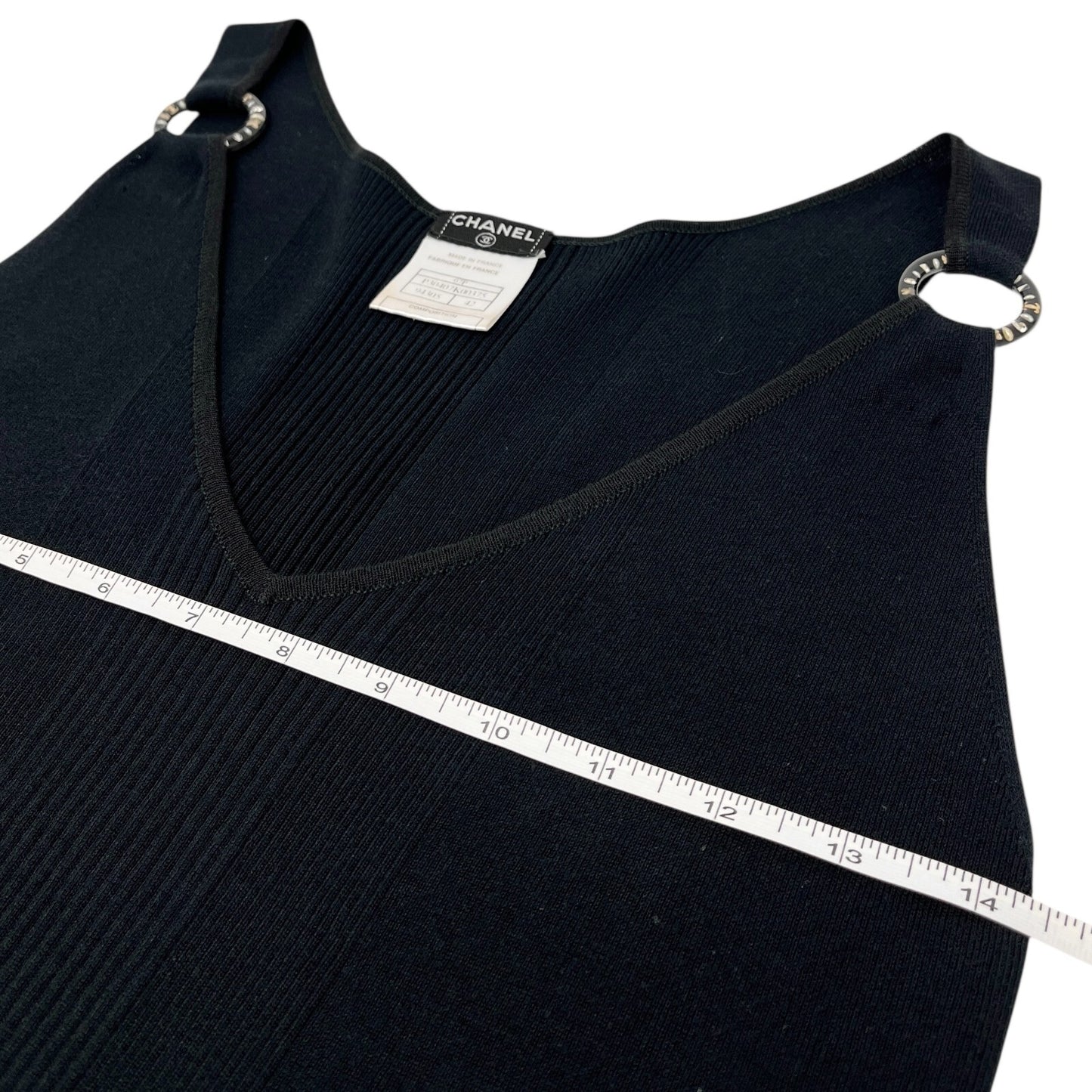 CHANEL Vintage 07P CC Mark Logo Rib Knit Tank Top #42 V-neck Black Cotton