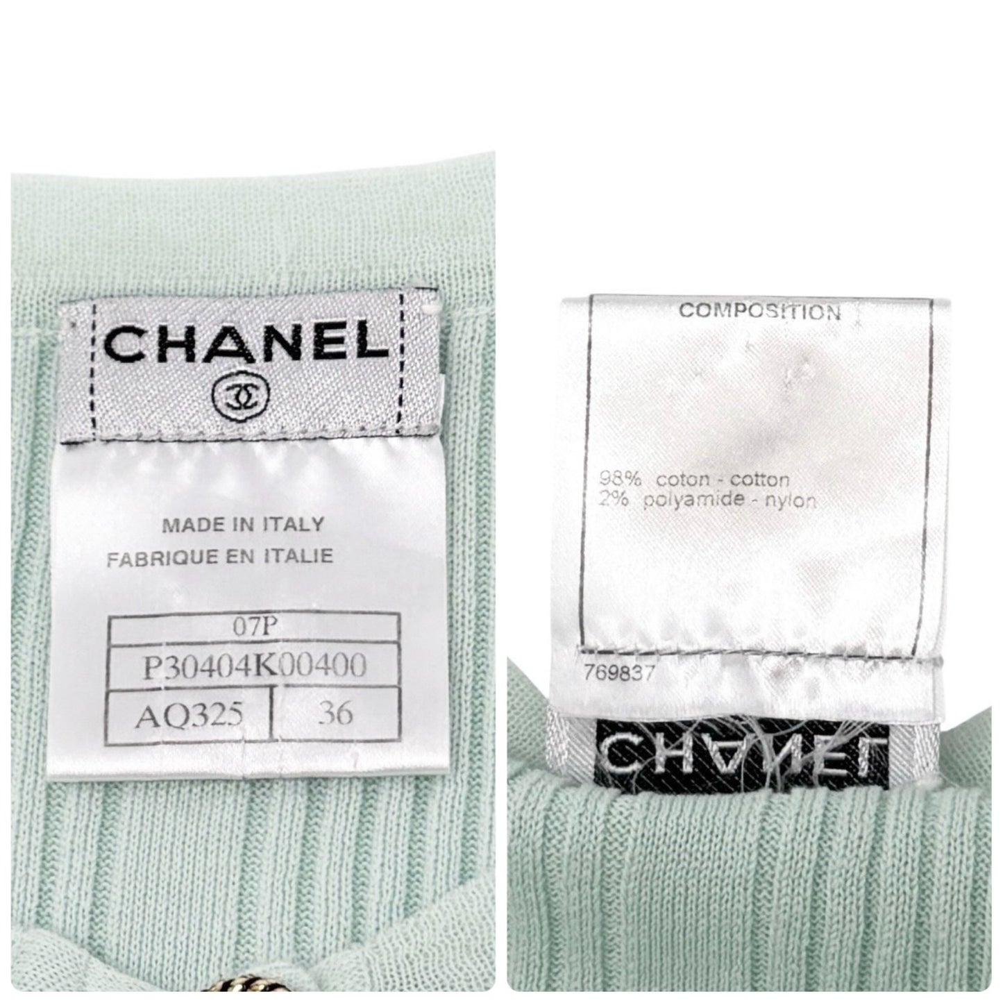 CHANEL Vintage 07P CC Logo Ribbed Tank Top #36 Sleeveless Button Mint Green