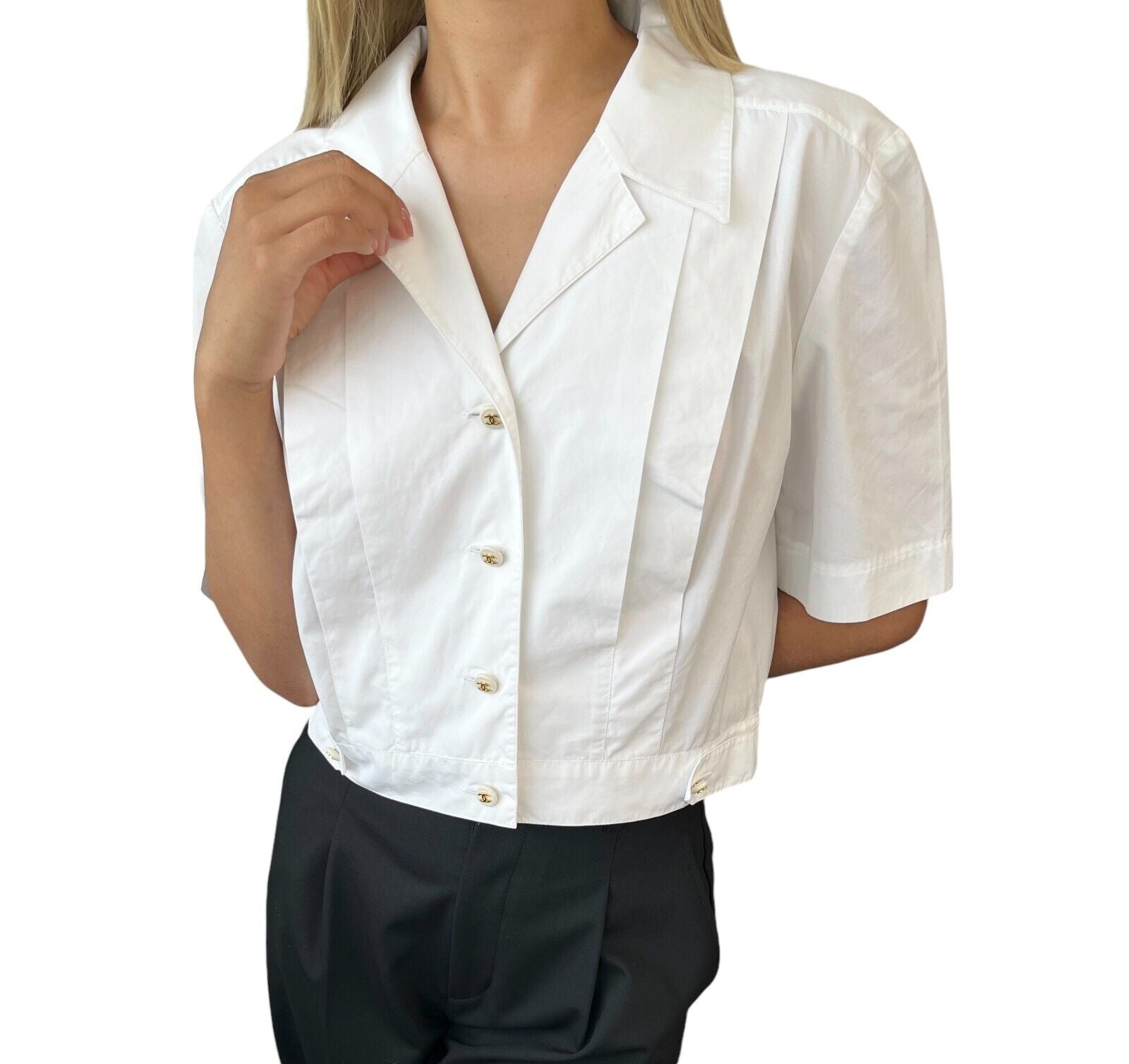 CHANEL Vintage CC Mark Button Cropped Shirt Top White Gold Cotton Rank AB+