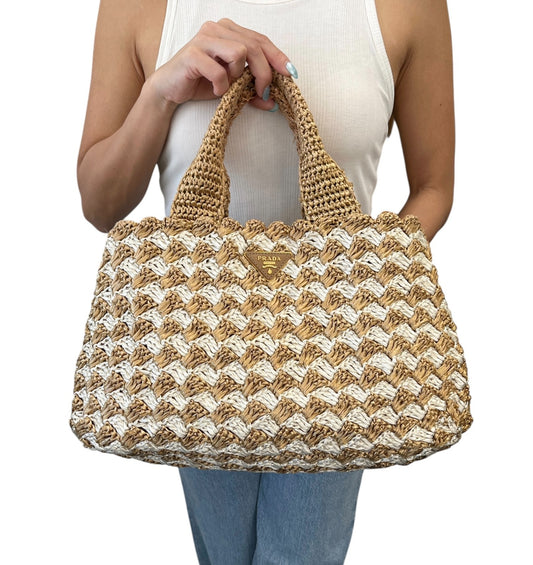 PRADA Vintage Triangle Logo Raffia Canapa Tote Bag Beige White Crochet