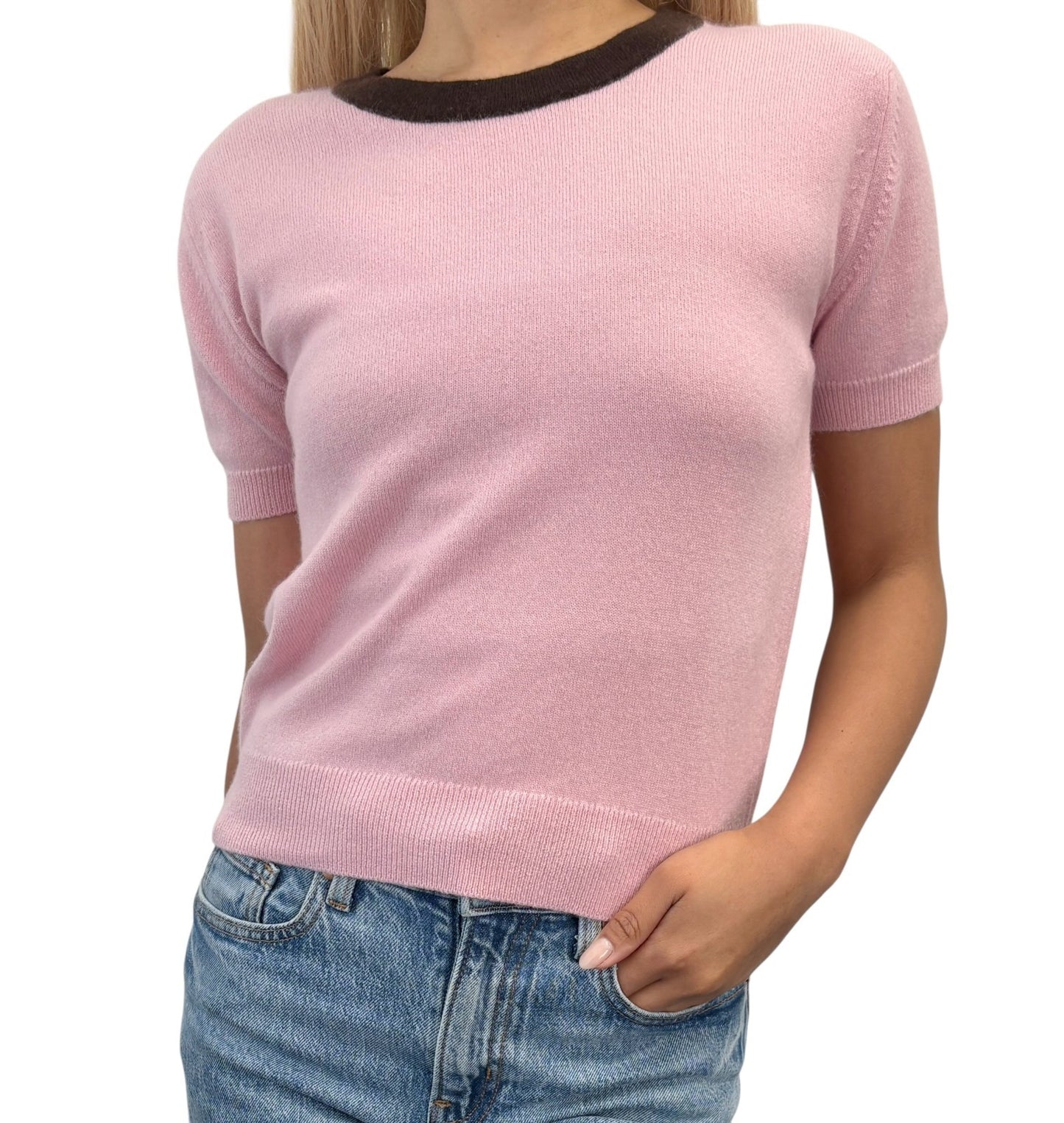 CHANEL Vintage 96A CC Logo Button Cashmere Knit Top T-shirt #36 Pink Brown