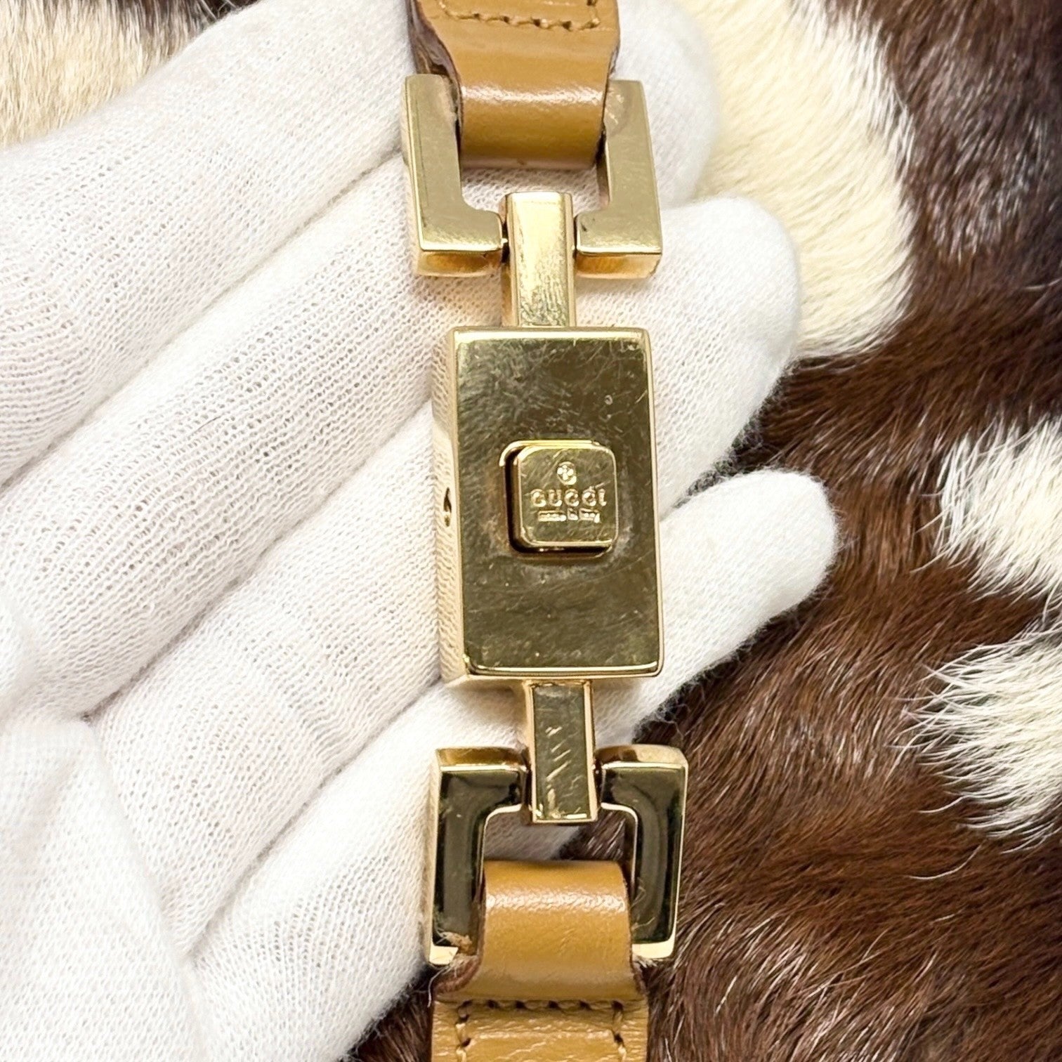 GUCCI Vintage Jackie Cow Pony Calf Hair Shoulder Bag Brown Gold Leather