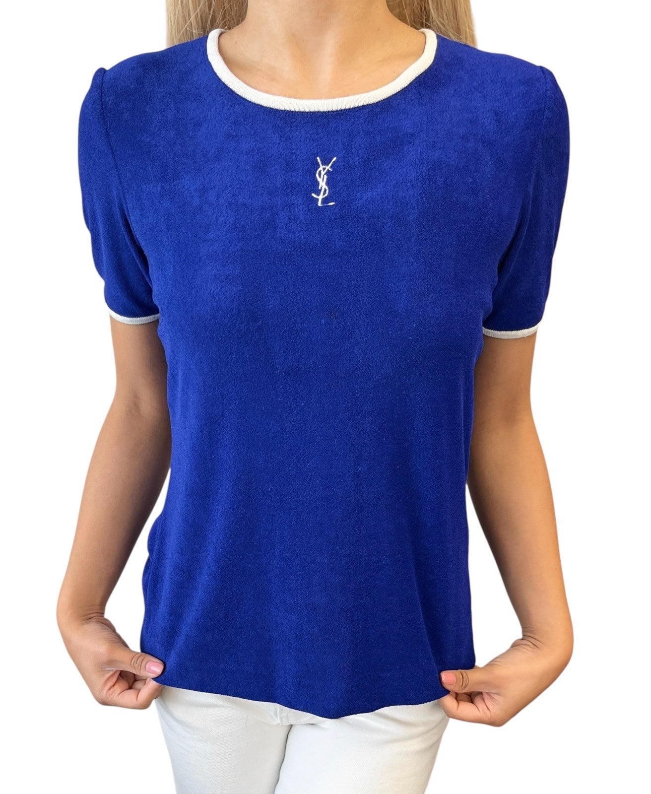 Yves Saint Laurent Vintage YSL Logo Terry Cloth T-shirt Top #M Blue White Rayon