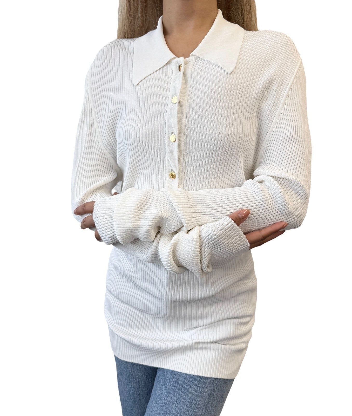 HERMES Vintage Logo Clou de Selle Button Ribbed Knit Polo Top #M White Viscose