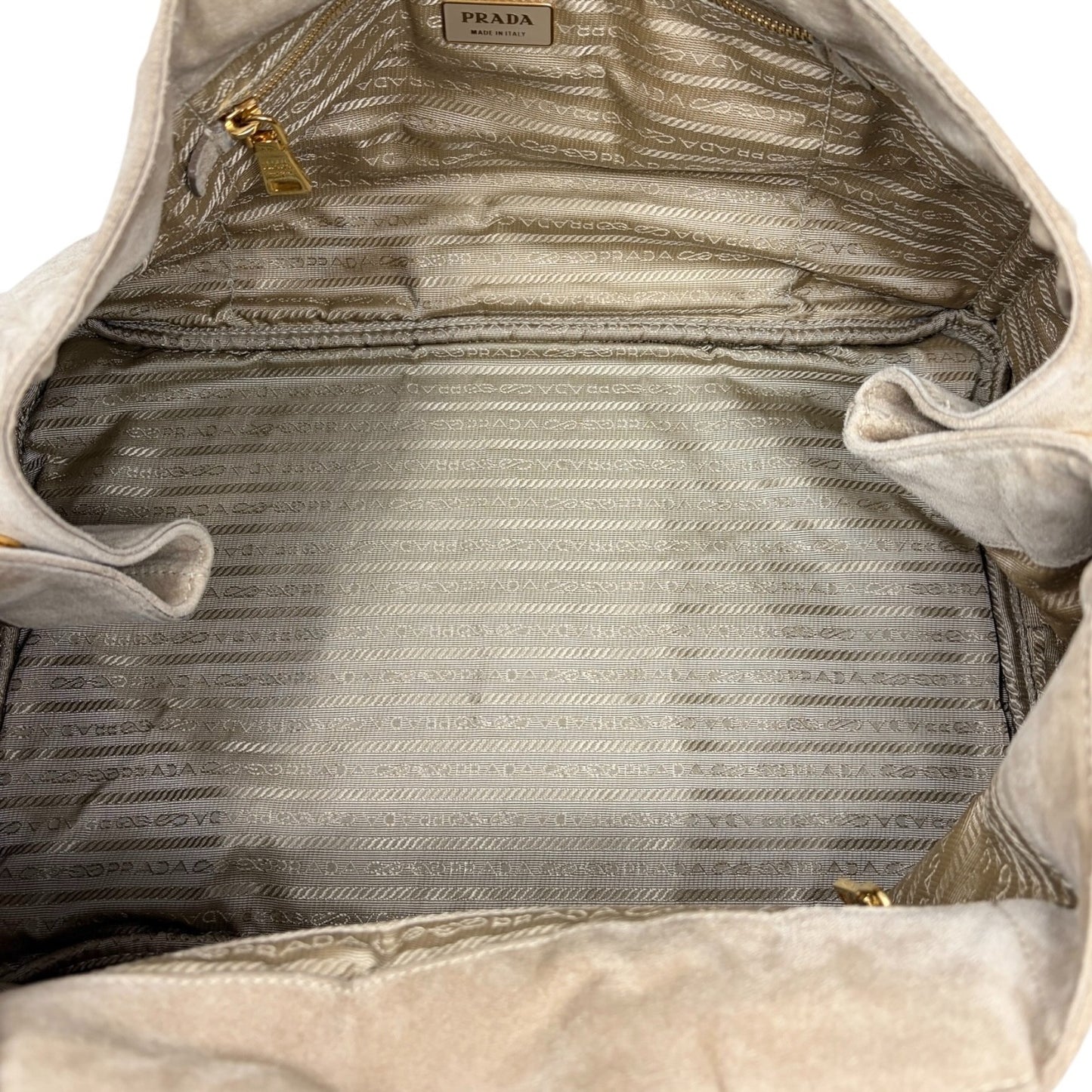 PRADA Vintage Canapa Big Logo Suede Large Tote Bag Beige Gold Stitch Shopper