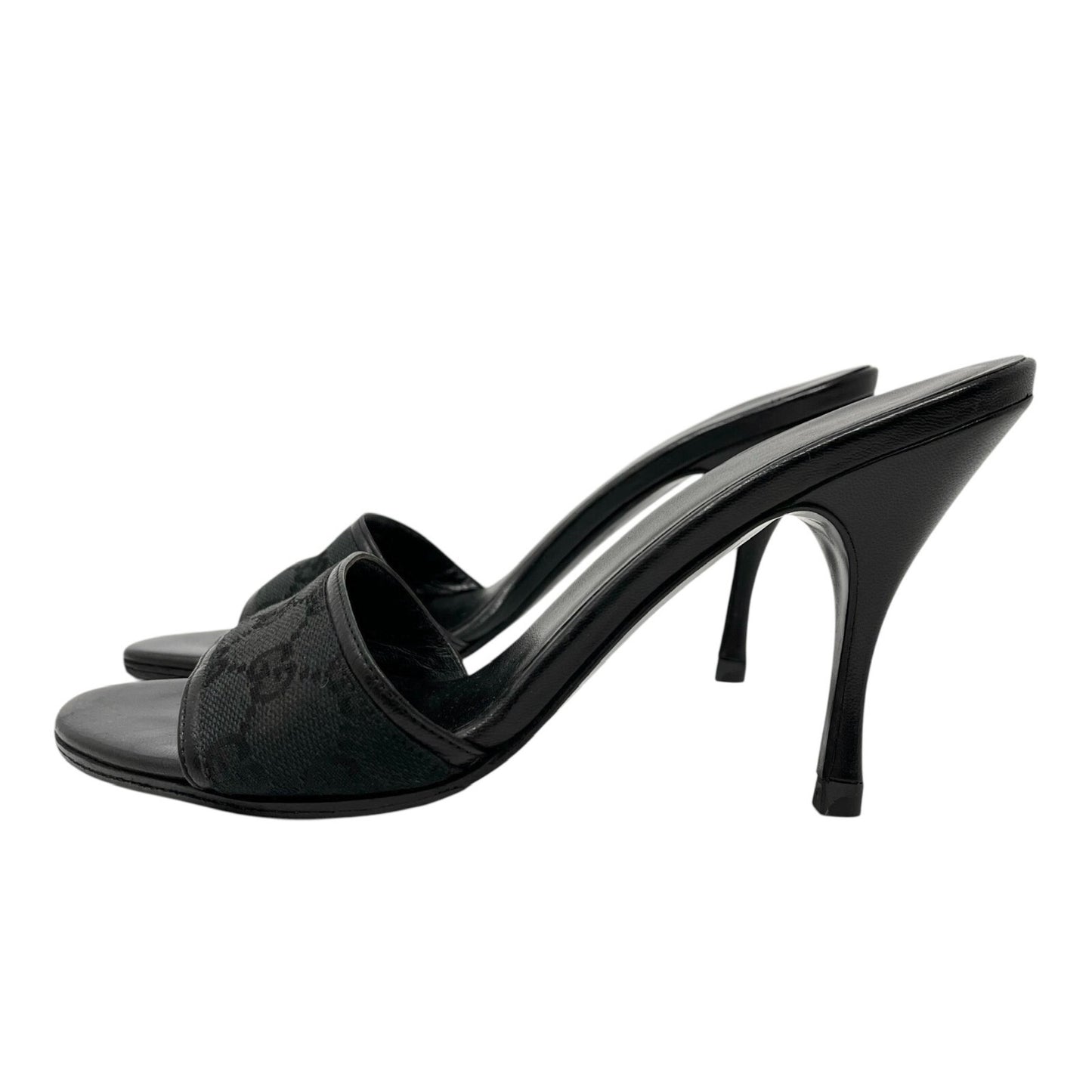 GUCCI Vintage GG Monogram Logo Sandals Heels #36-36.5 Black Canvas Leather
