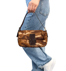 FENDI Vintage Calf Hair Mamma Baguette Shoulder Bag Brown Beige Leather