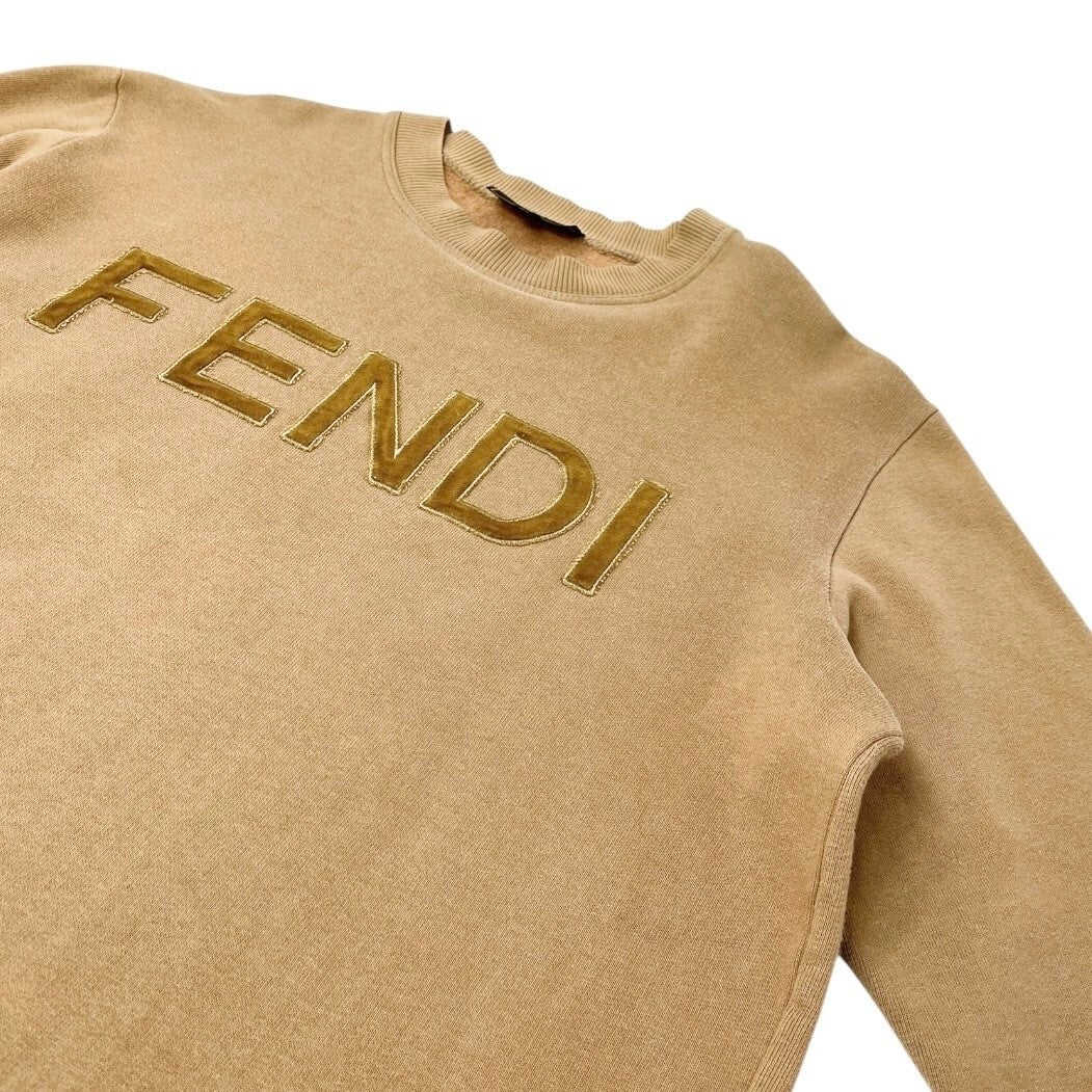 FENDI Vintage Big Logo Sweatshirt Top #38 Brown Cotton Velvet Long Sleeve