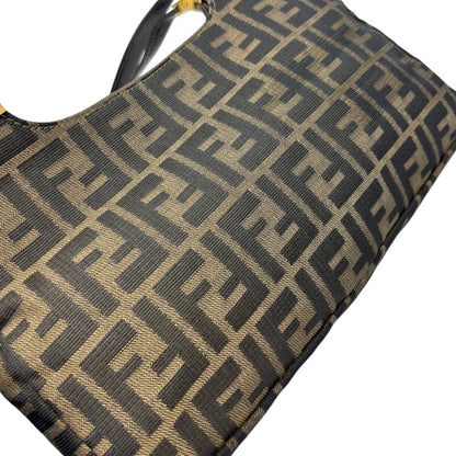 FENDI Vintage FF Zucca Monogram Canvas Shoulder Bag Brown Gold Leather 902063