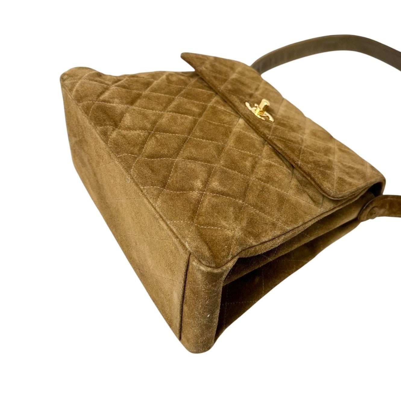 CHANEL Vintage CC Logo Turnlock Quilted Suede Flap Shoulder Bag Brown