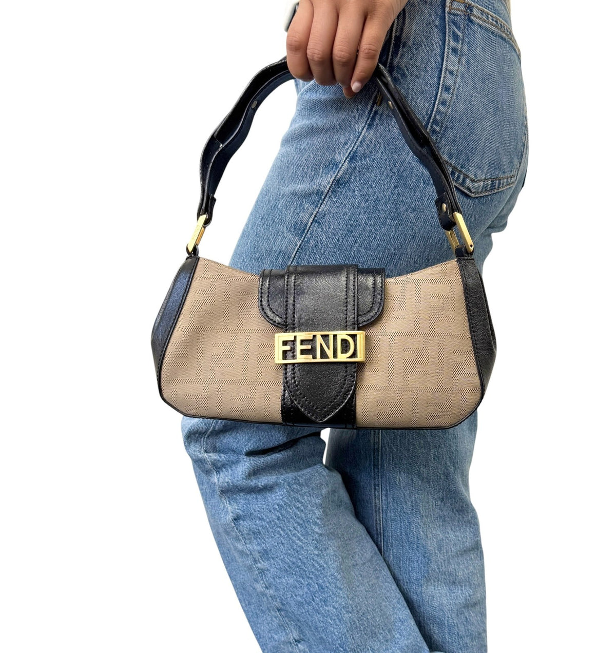 FENDI Vintage FF Logo Zucca Monogram Shoulder Bag Beige Black Canvas 902308