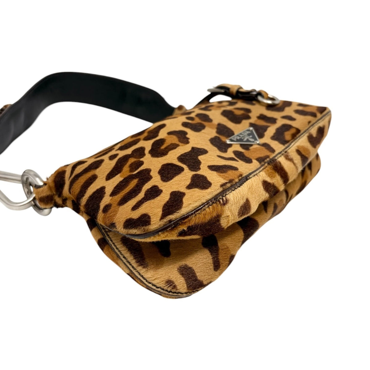 PRADA Vintage Logo Leopard Pony Calf Hair Shoulder Bag Brown Camel 902474
